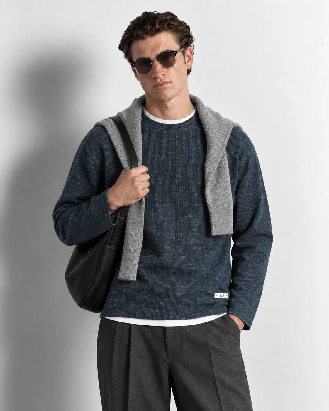 Melange Knit Crewneck Sweater — worn, close-up