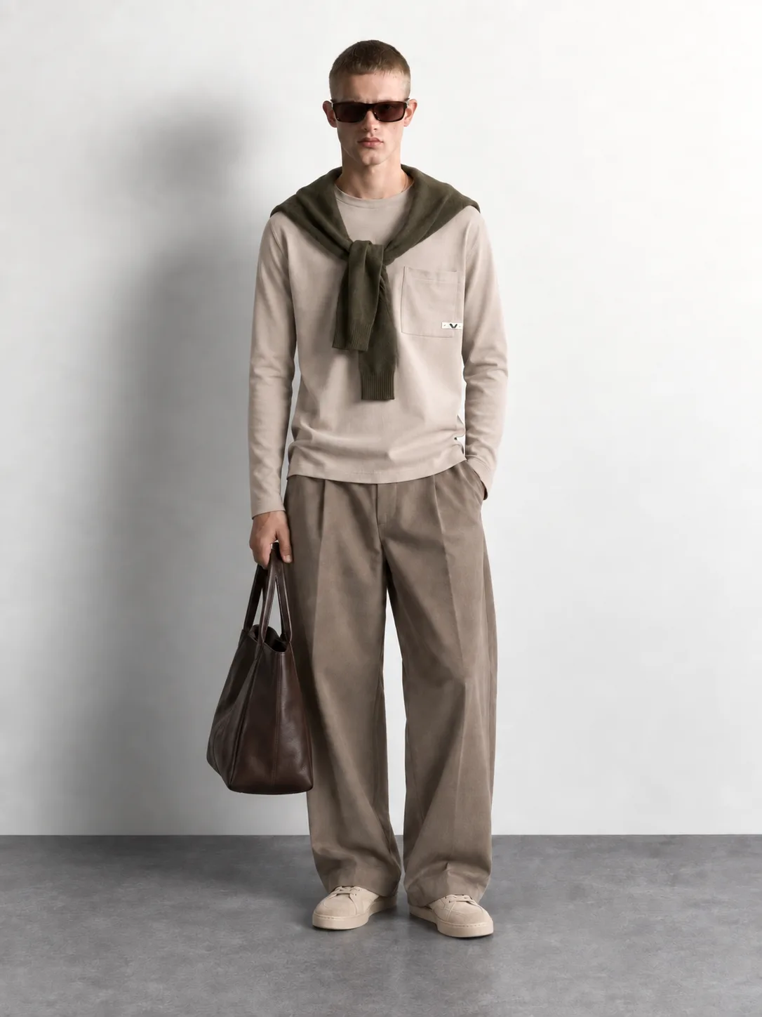 Minimal Pocket Crewneck — worn, front