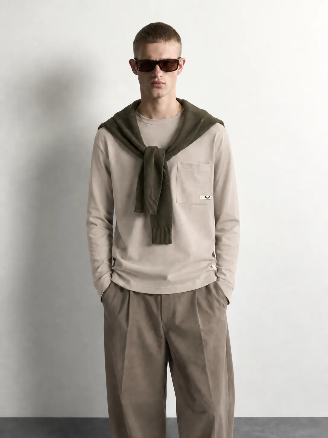 Minimal Pocket Crewneck — worn, front