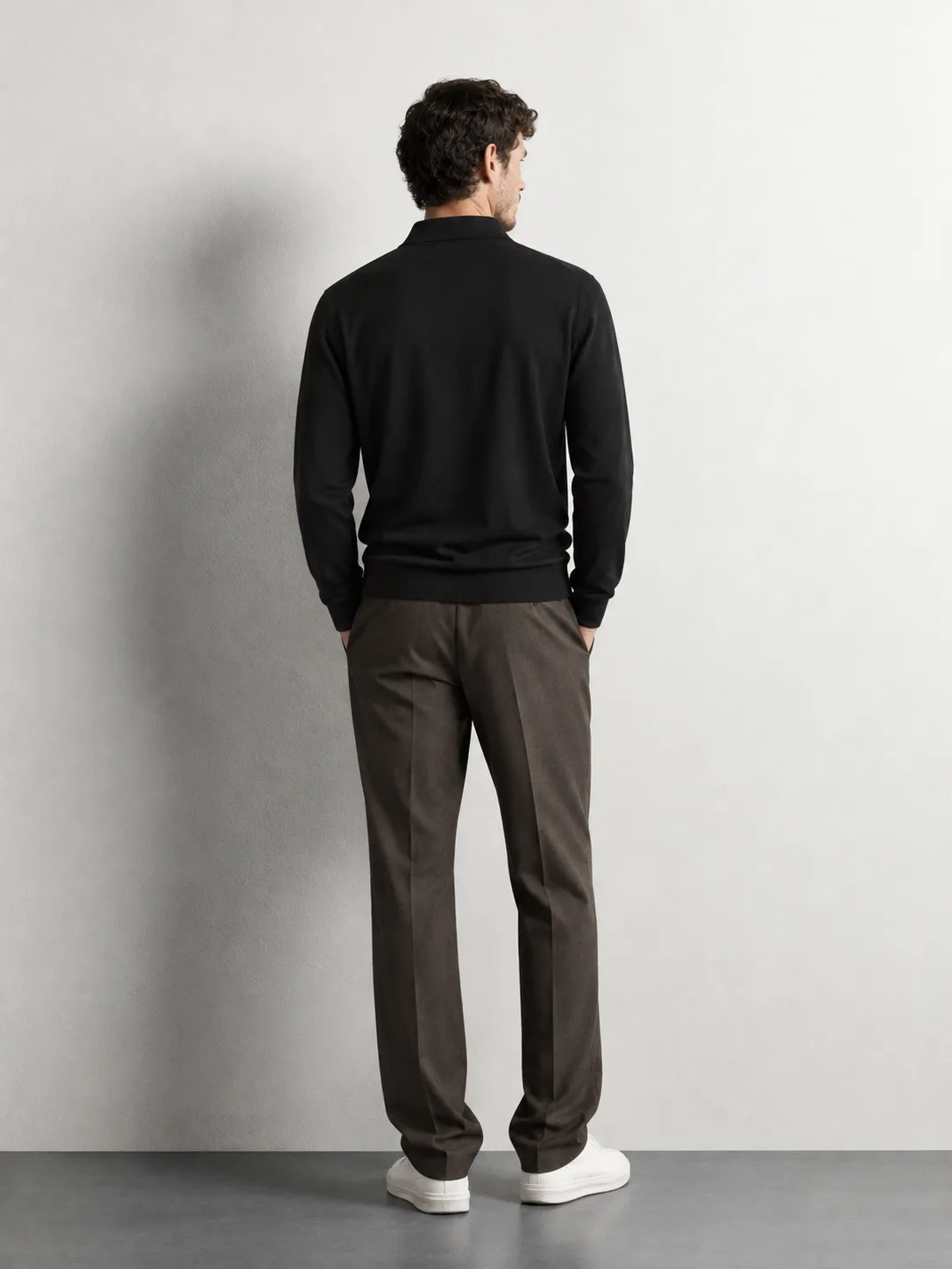 Open Collar Fine Knit Polo Sweater — worn, back