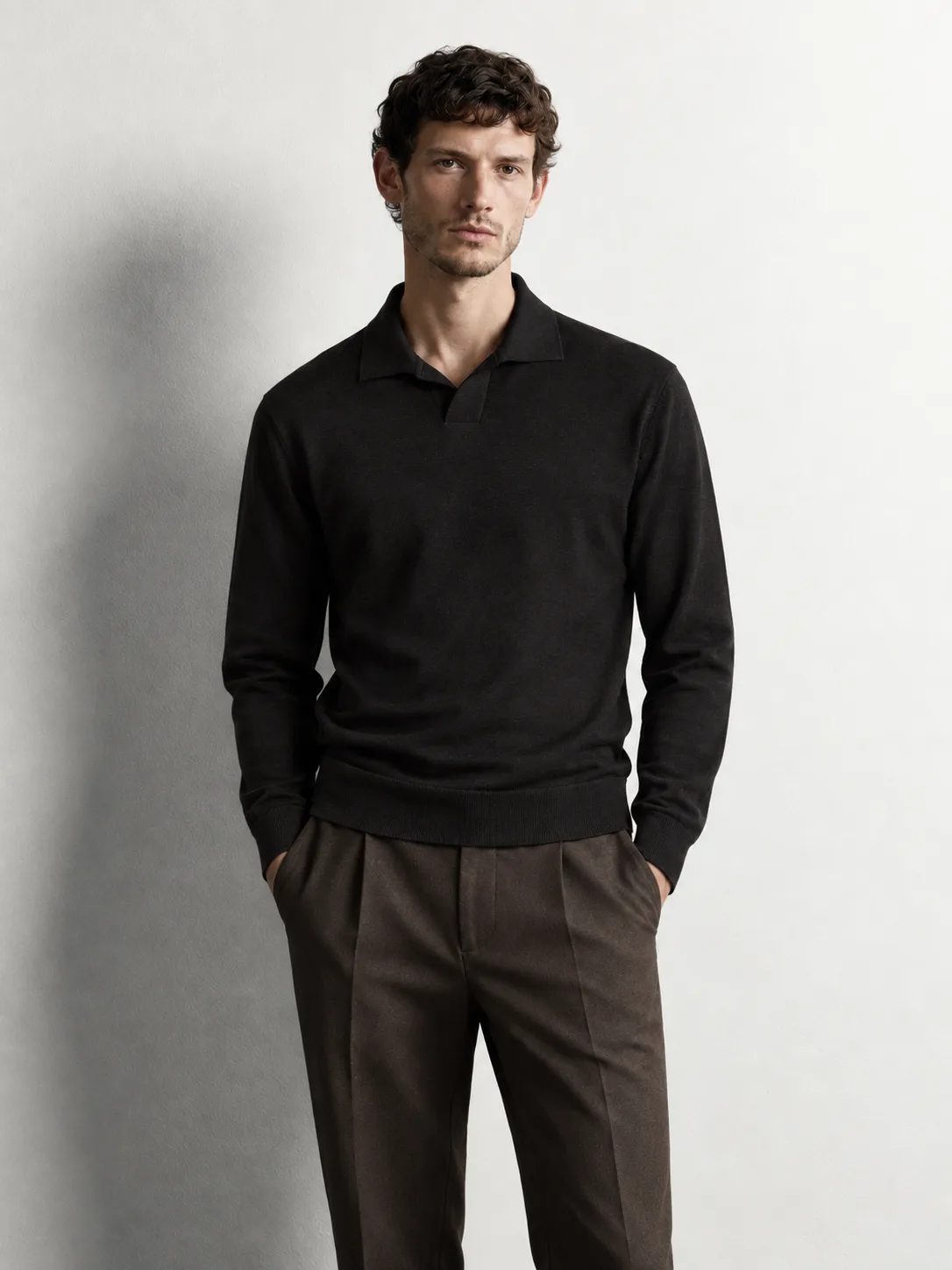 Open Collar Fine Knit Polo Sweater — worn, close-up