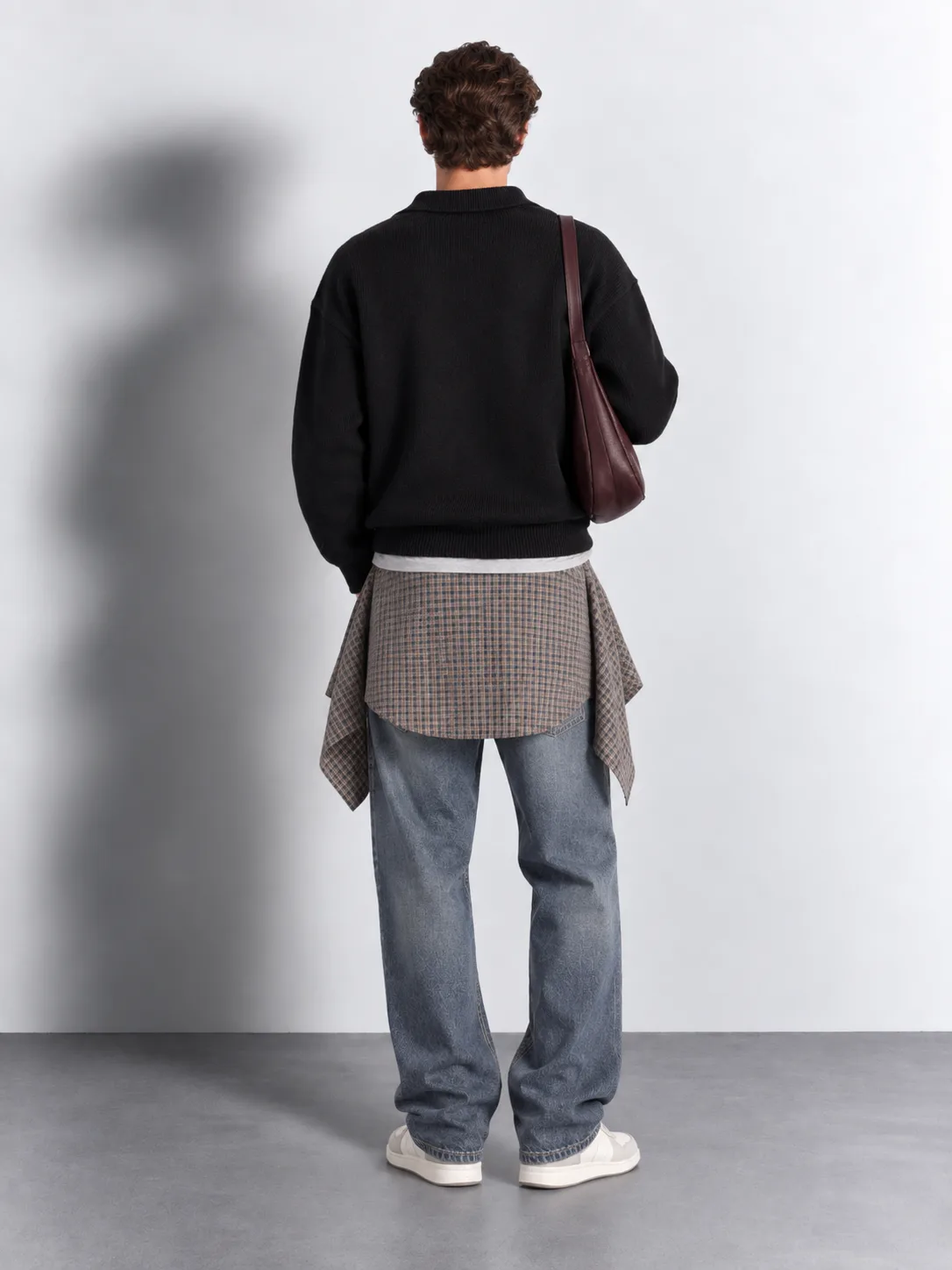 Open-collar Knit Polo Sweater — worn, back