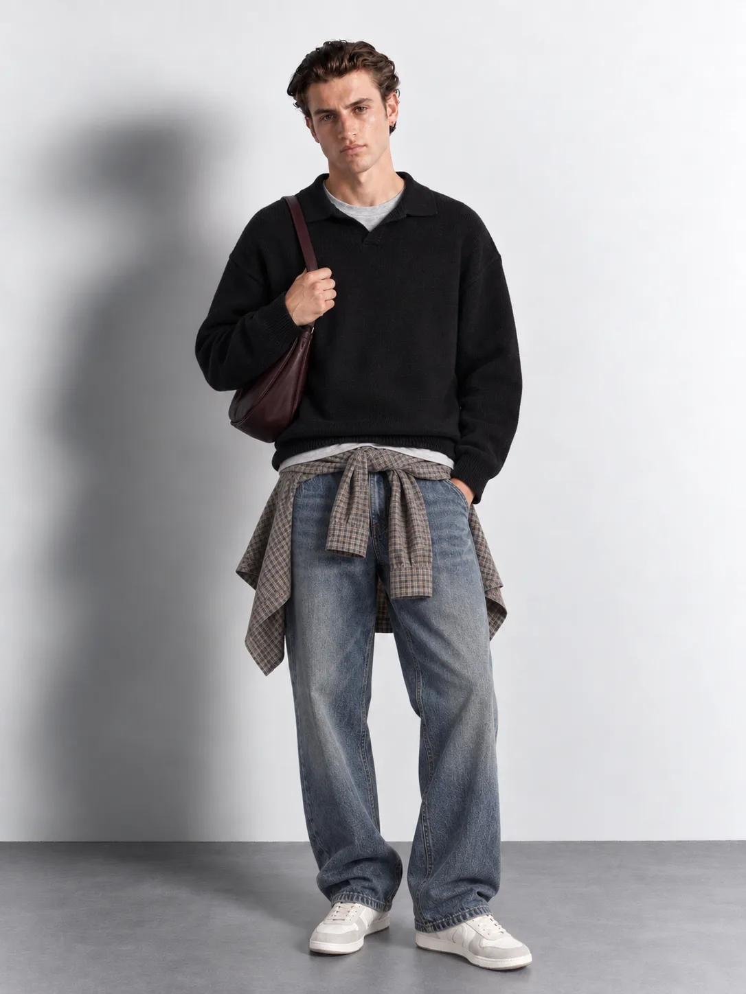 Open-collar Knit Polo Sweater — worn, front