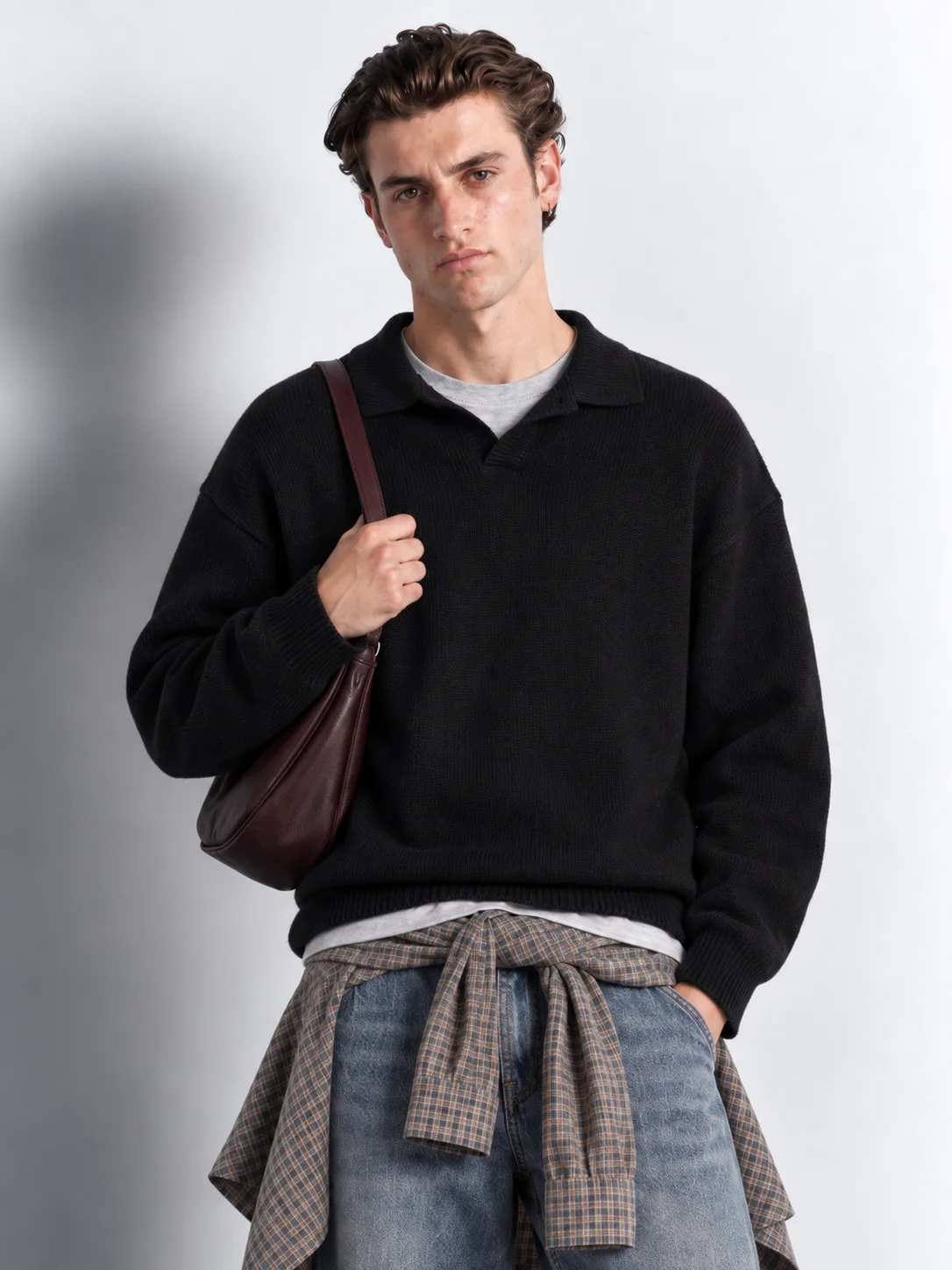Open-collar Knit Polo Sweater — worn, close-up