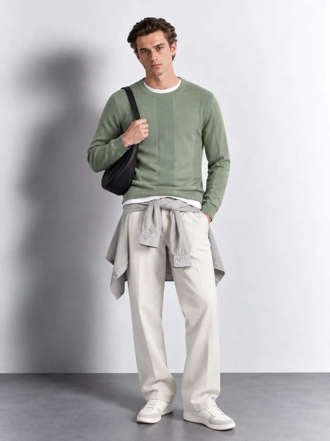 Panel Knit Crewneck Sweater — worn, front