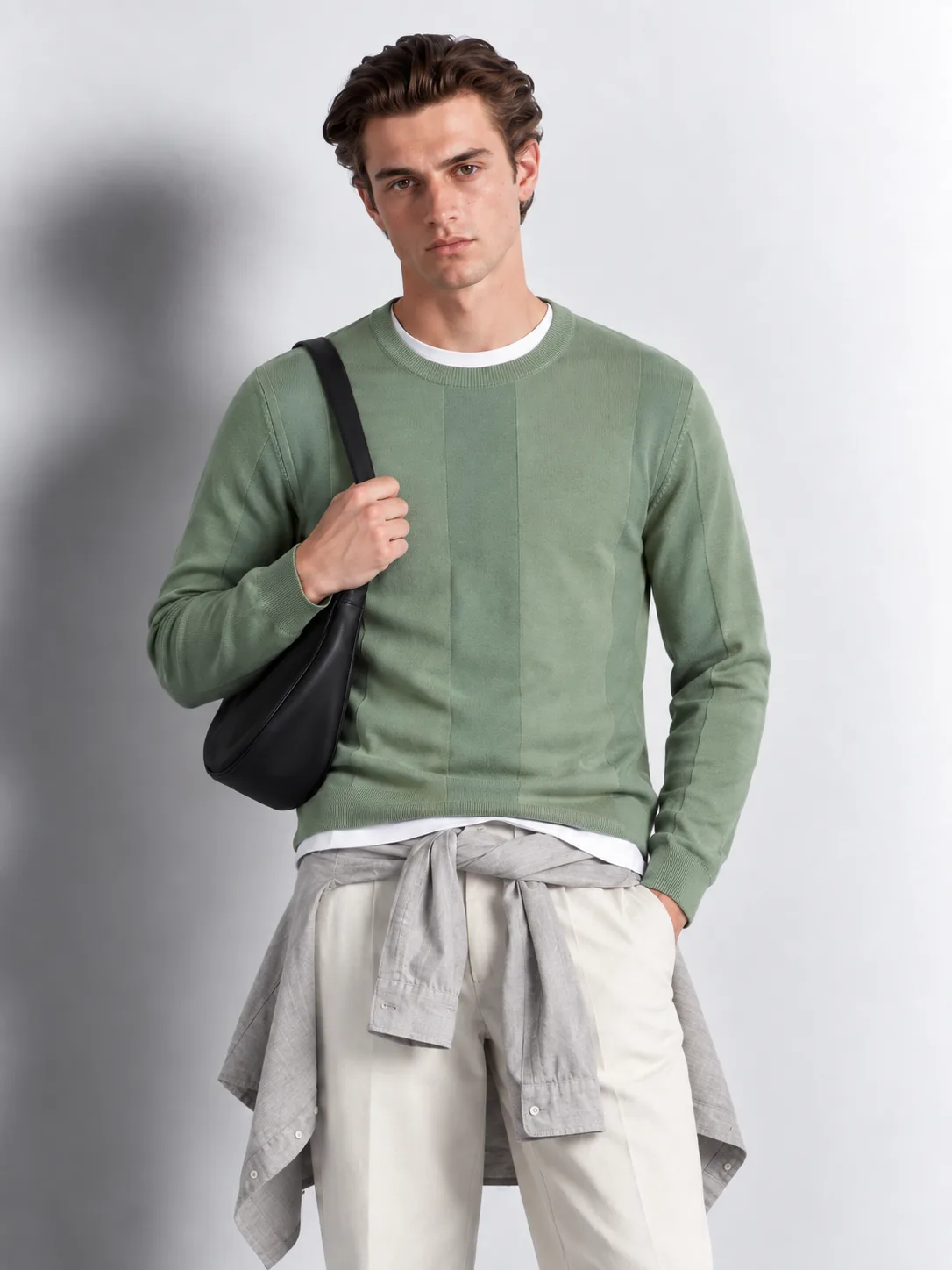 Panel Knit Crewneck Sweater — worn, close-up
