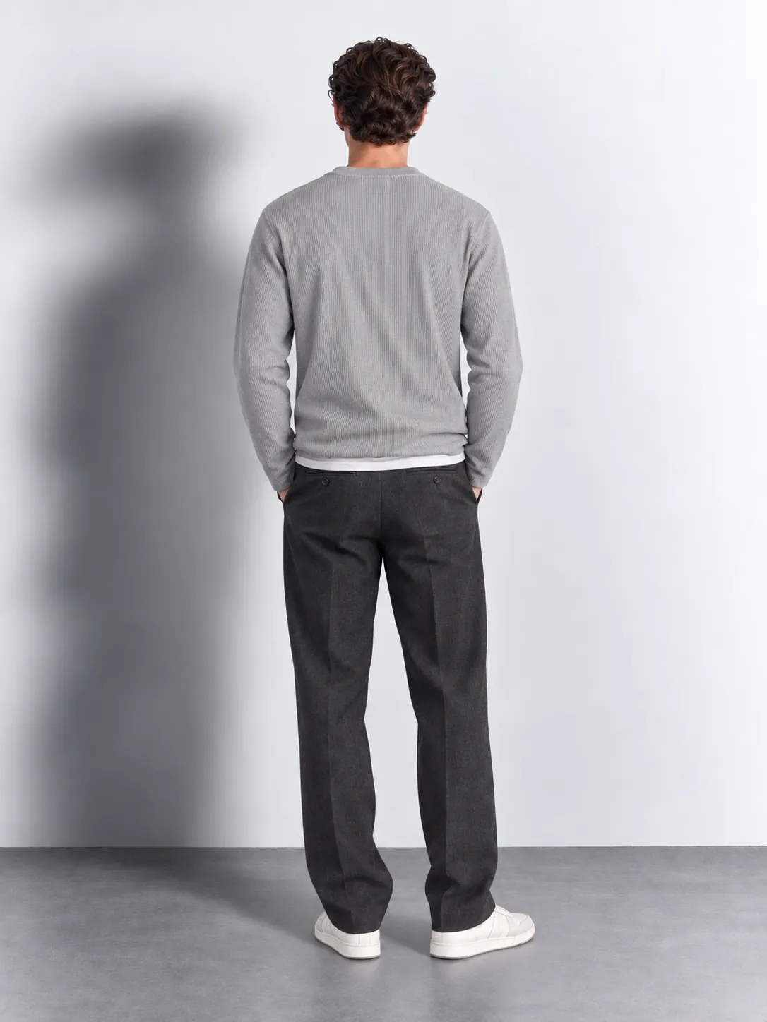 Panelled Ribbed Crewneck Sweater — worn, back
