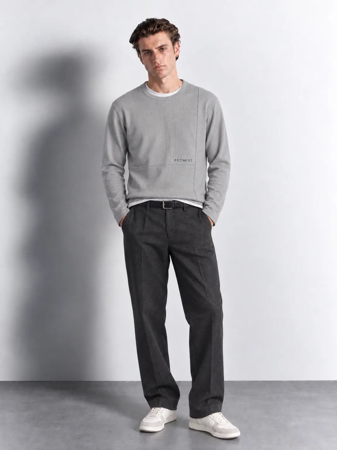 Panelled Ribbed Crewneck Sweater — worn, front