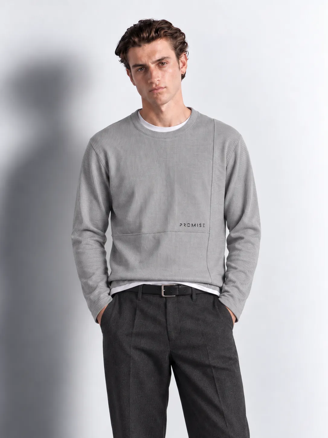 Panelled Ribbed Crewneck Sweater — worn, close-up