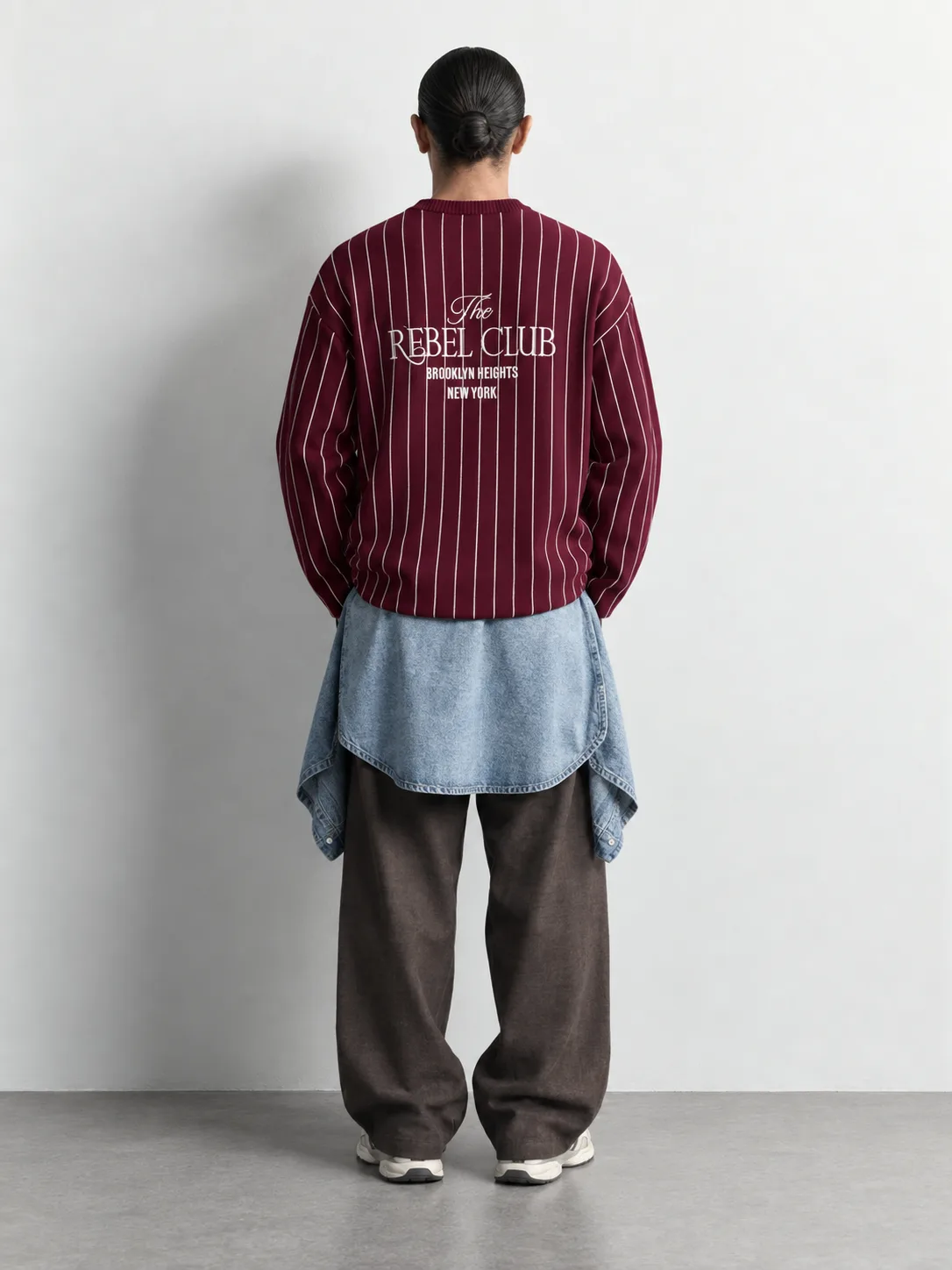 Pinstripe Crew Neck Knit Sweater — worn, back