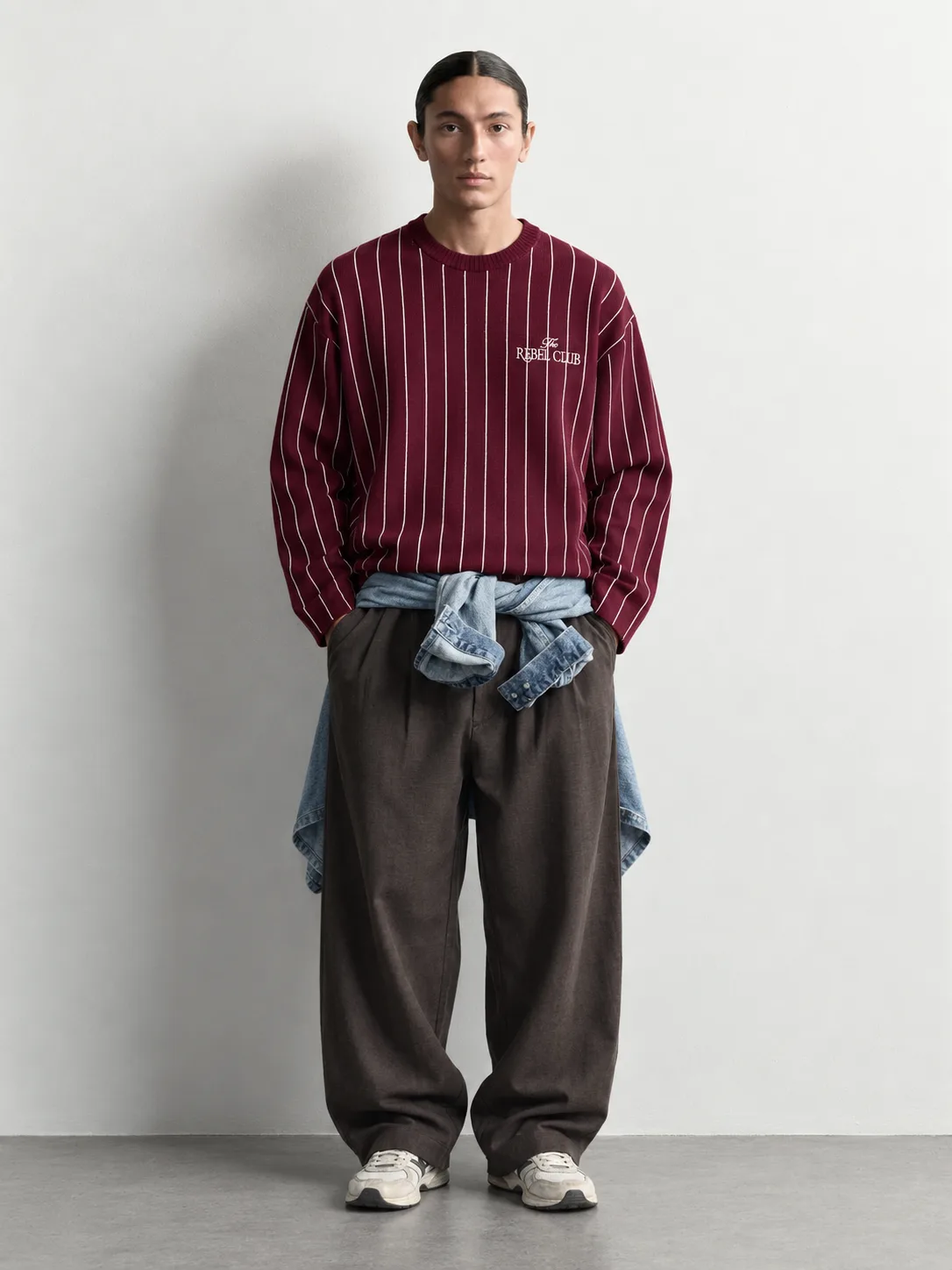 Pinstripe Crew Neck Knit Sweater — worn, front