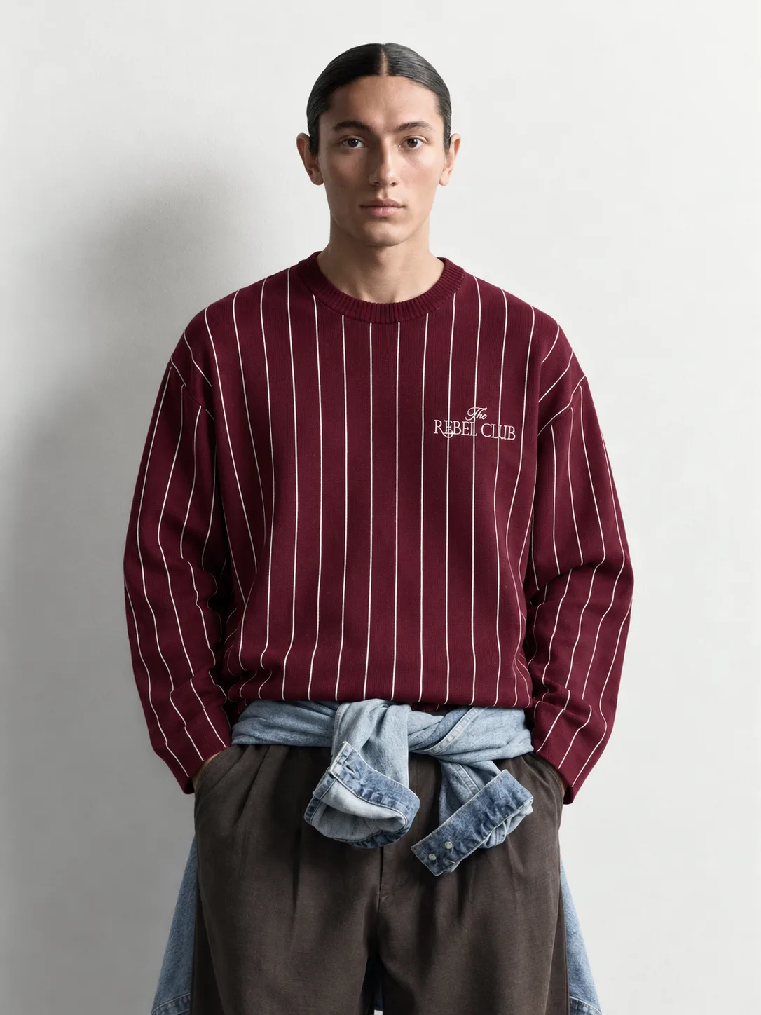 Pinstripe Crew Neck Knit Sweater — worn, close-up