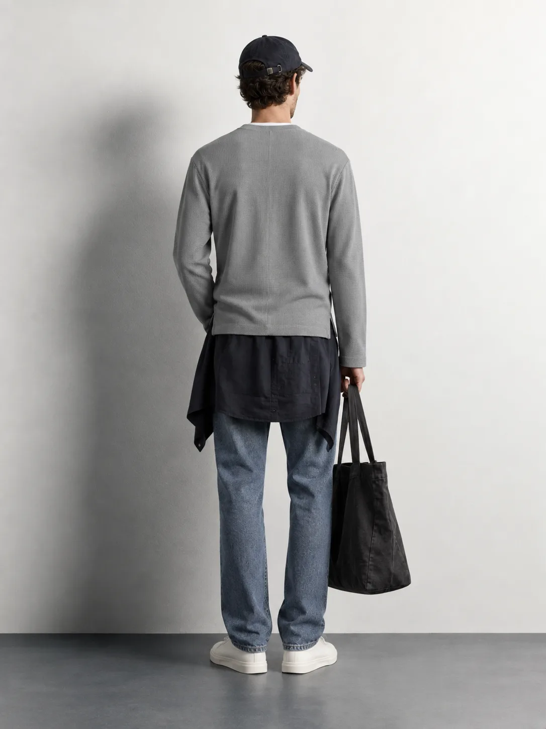Pique Texture Crewneck Sweater — worn, back