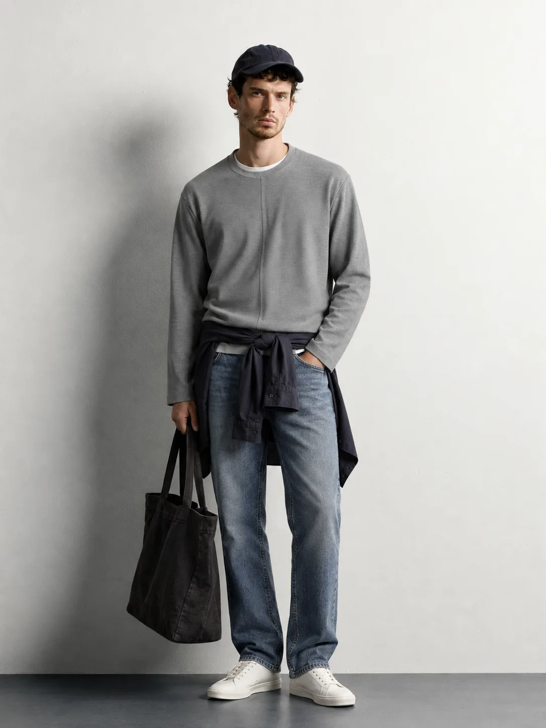 Pique Texture Crewneck Sweater — worn, front