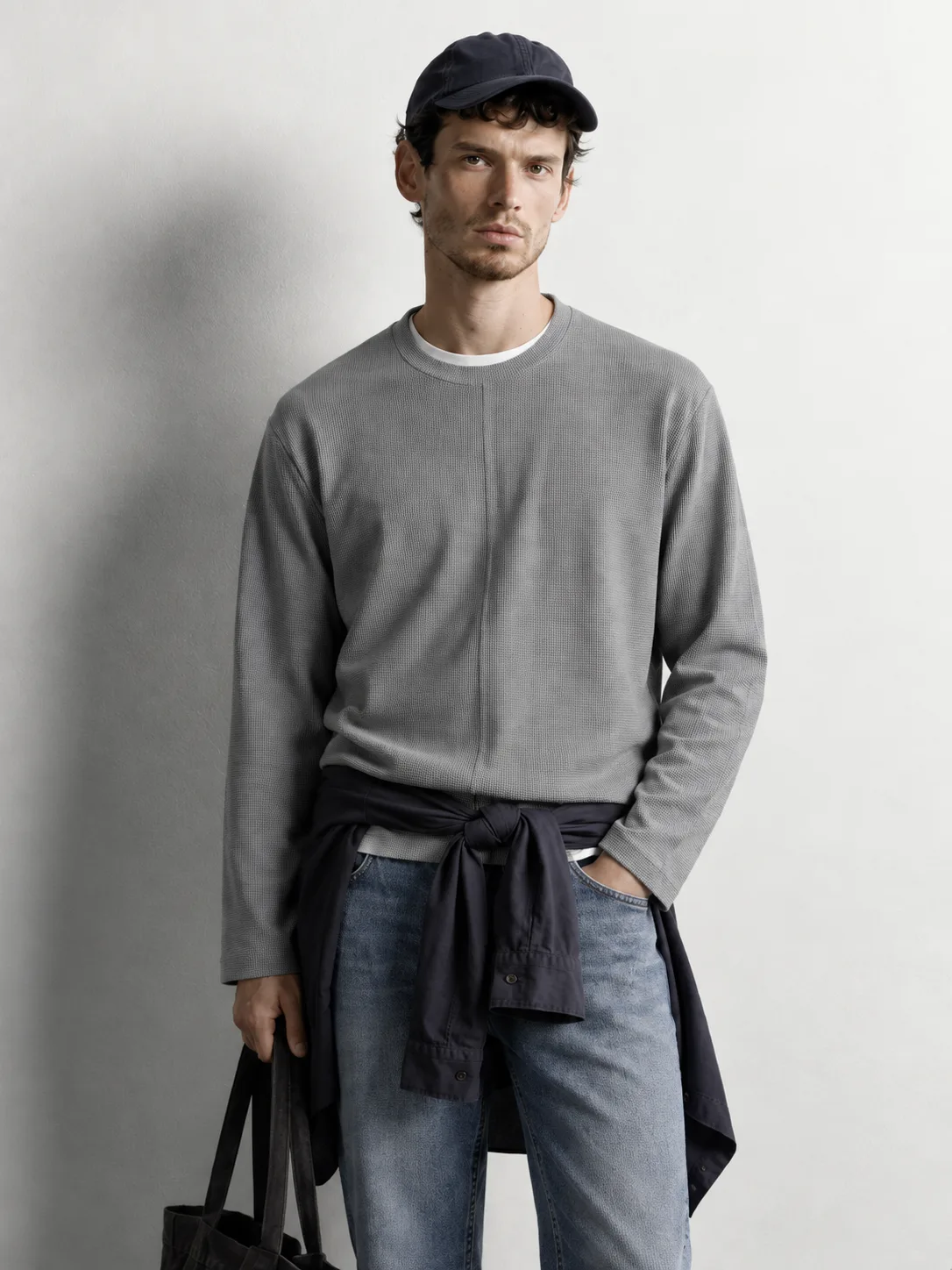 Pique Texture Crewneck Sweater — worn, close-up