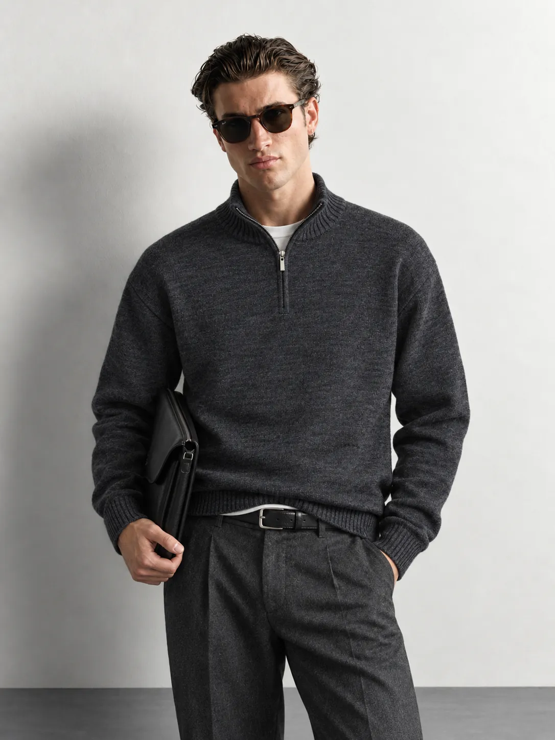 Quarter-Zip Mock Neck Knit Sweater — front view