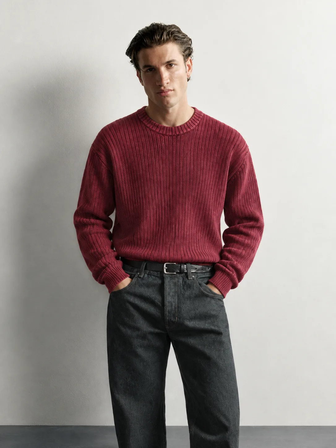 Ribbed Knit Crew Neck Sweater — worn, close-up