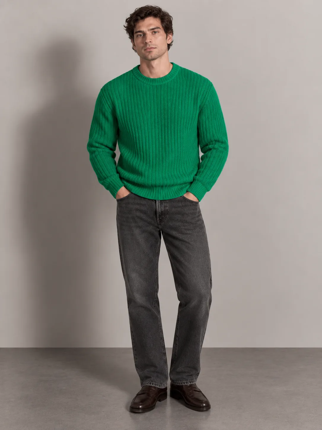 Wide-rib Knit Crew Neck Sweater — worn, front