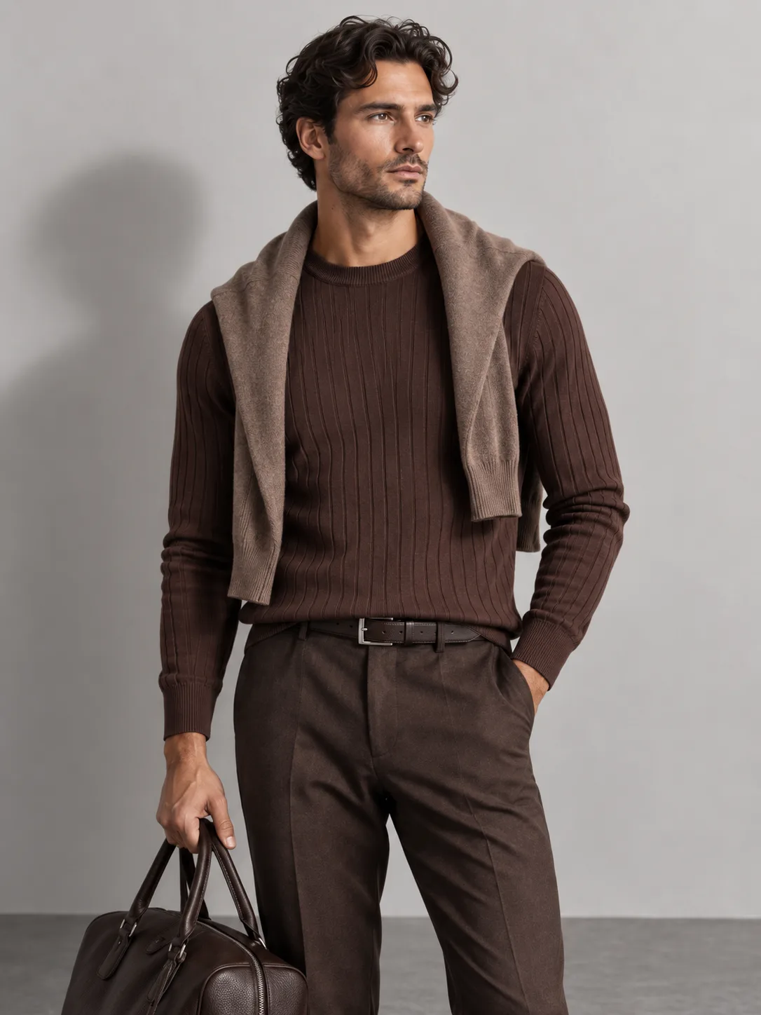 Ribbed Knit Crewneck Sweater — worn, close-up