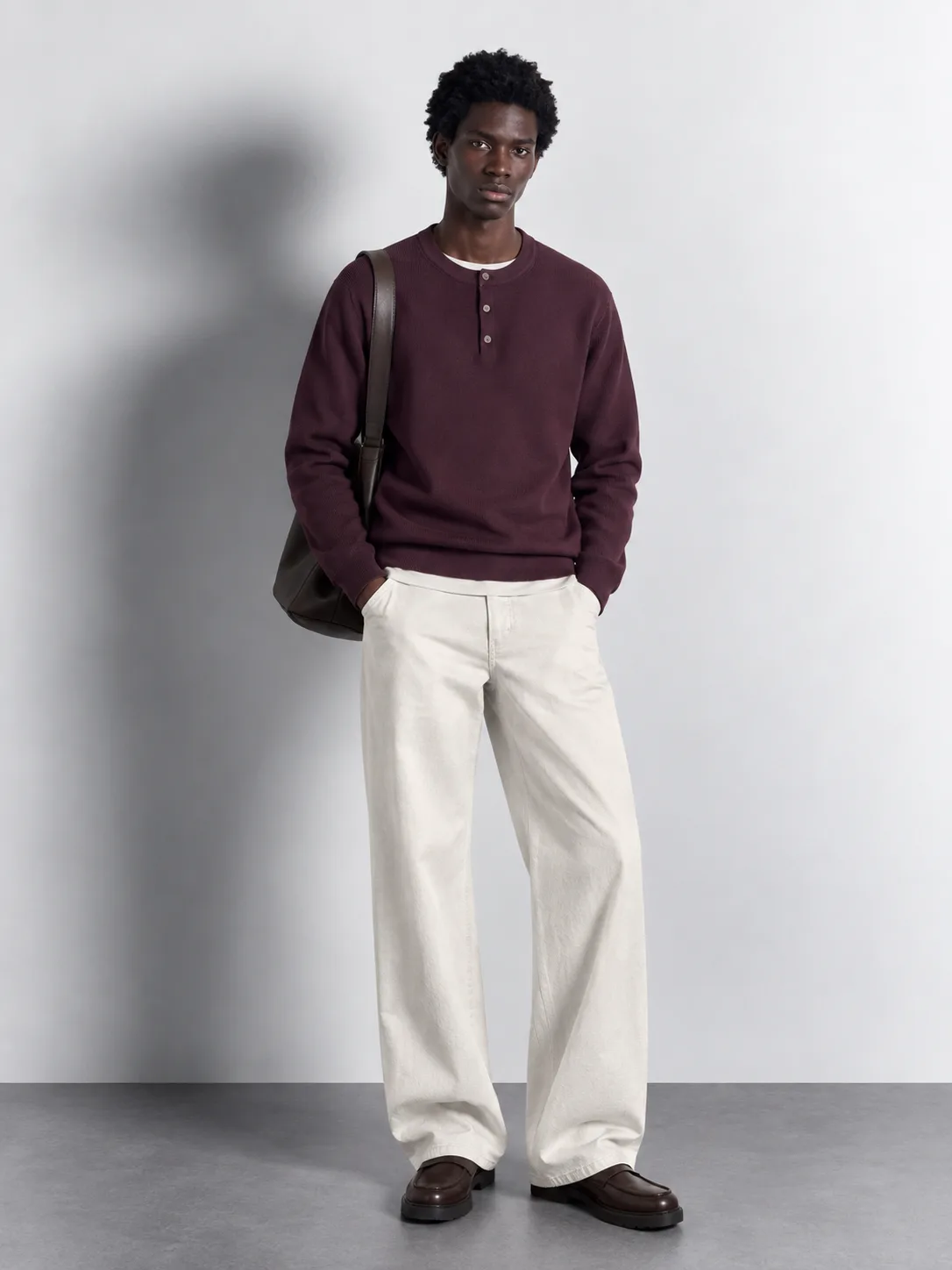 Ribbed Knit Henley Sweater — worn, front