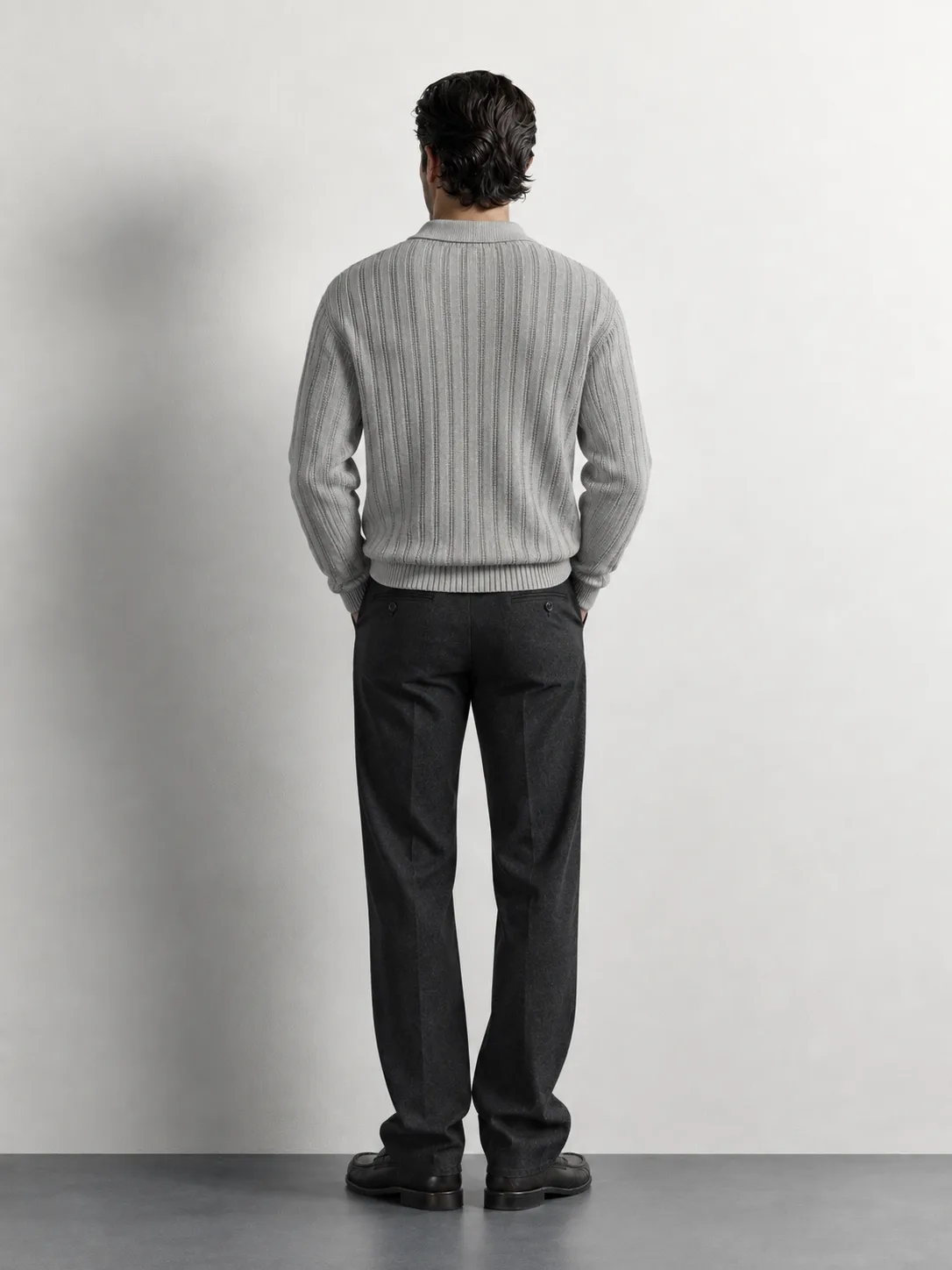 Ribbed Knit Quarter-Zip Polo Sweater — worn, back