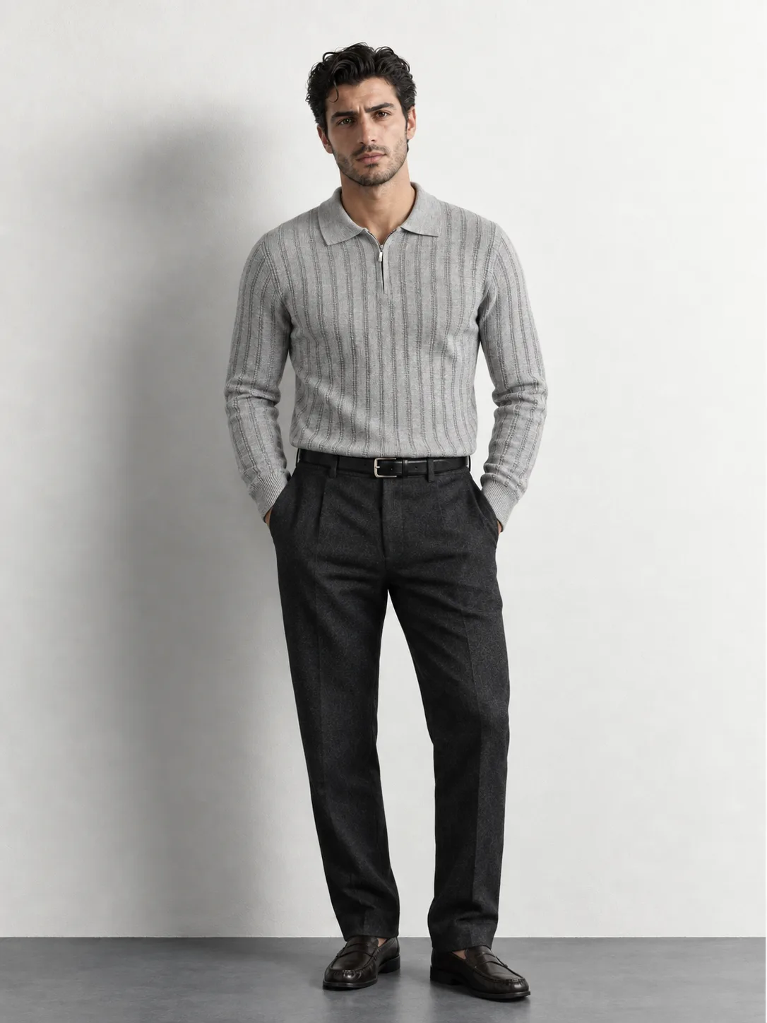 Ribbed Knit Quarter-Zip Polo Sweater — worn, front