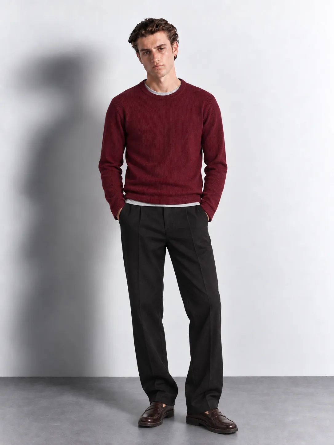 Ribbed Long Sleeve Crewneck — worn, front