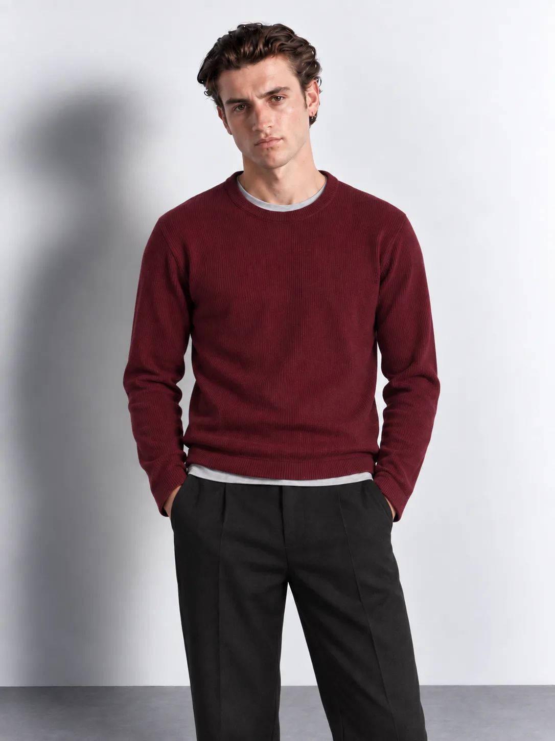Ribbed Long Sleeve Crewneck — worn, close-up