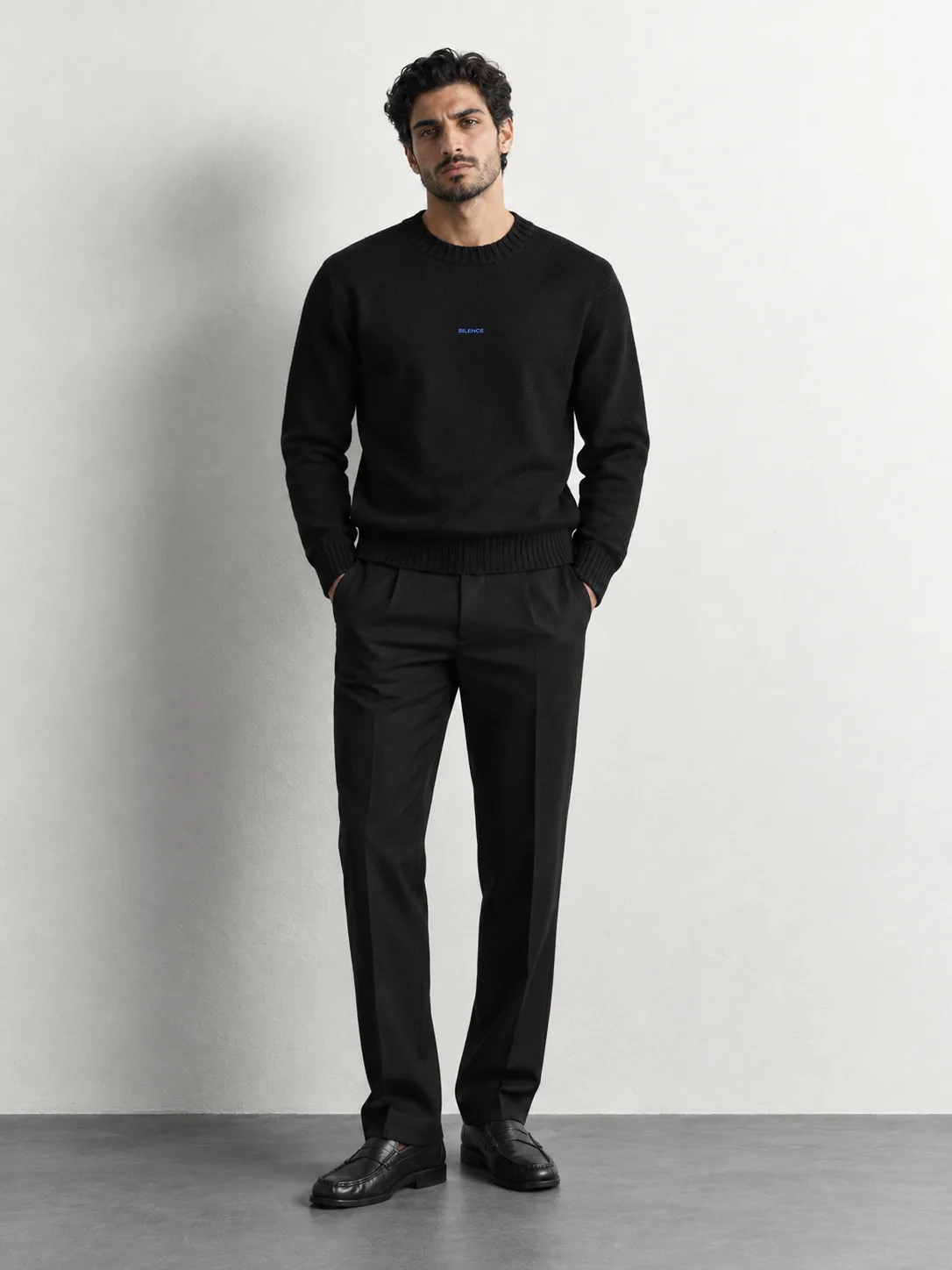 Silence Embroidered Crewneck Knit Sweater — worn, front