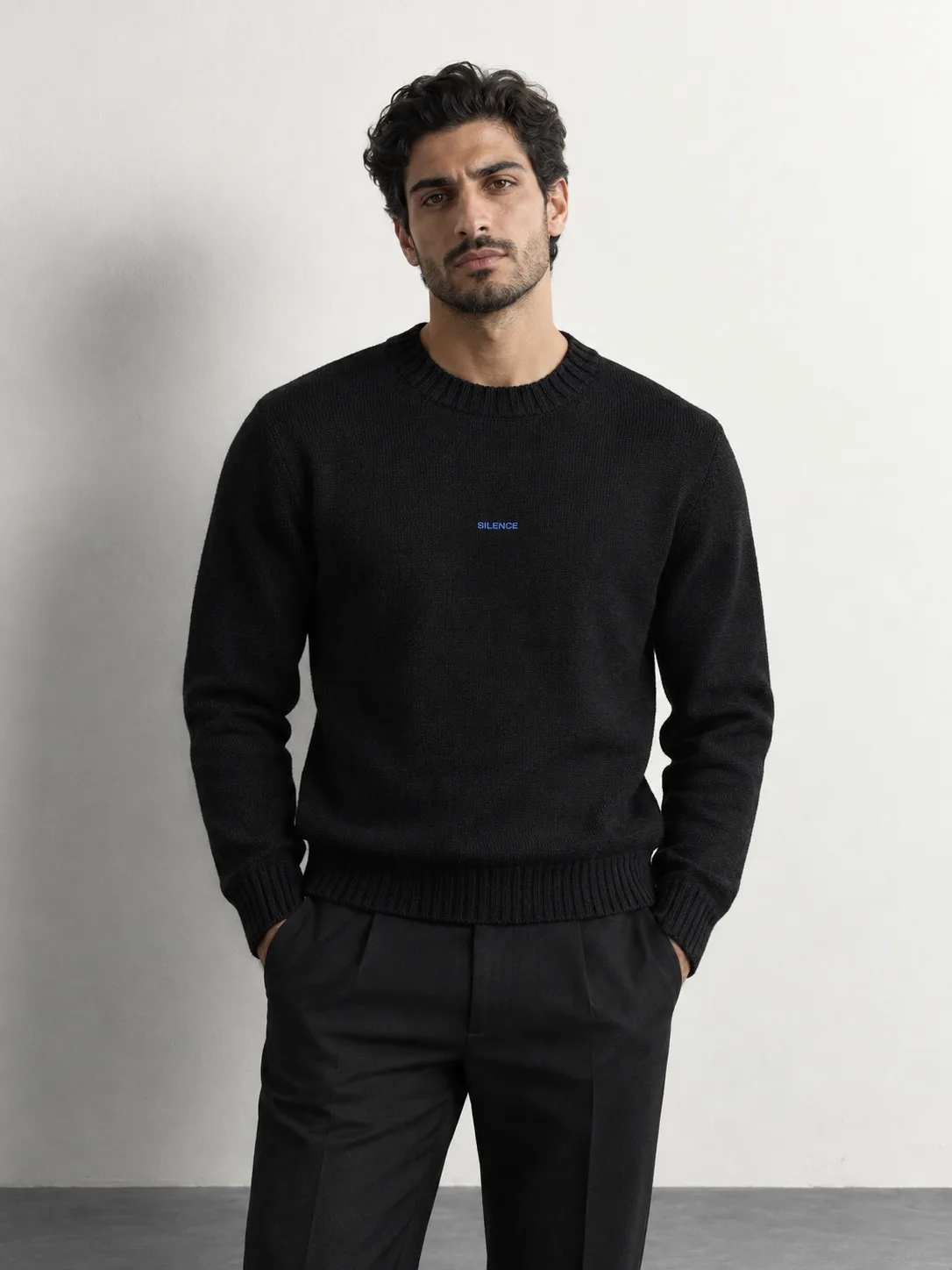 Silence Embroidered Crewneck Knit Sweater — worn, close-up