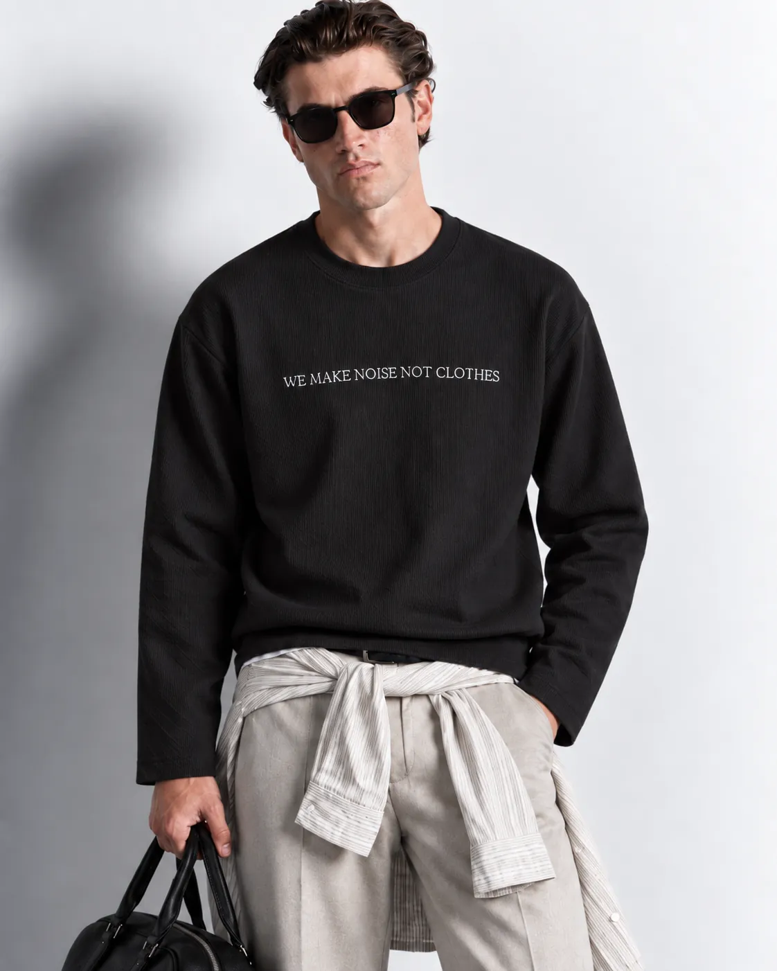 Slogan Knit Long Sleeve Sweater — worn, close-up