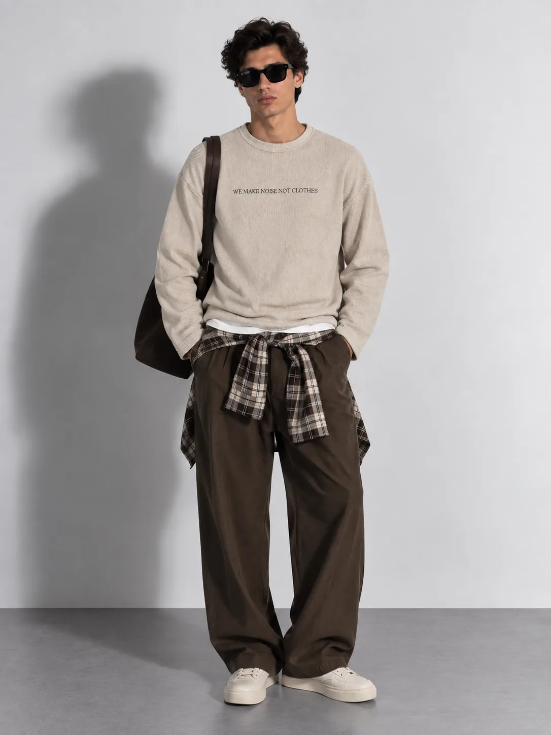 Noise Slogan Knit Long Sleeve Sweater — worn, front
