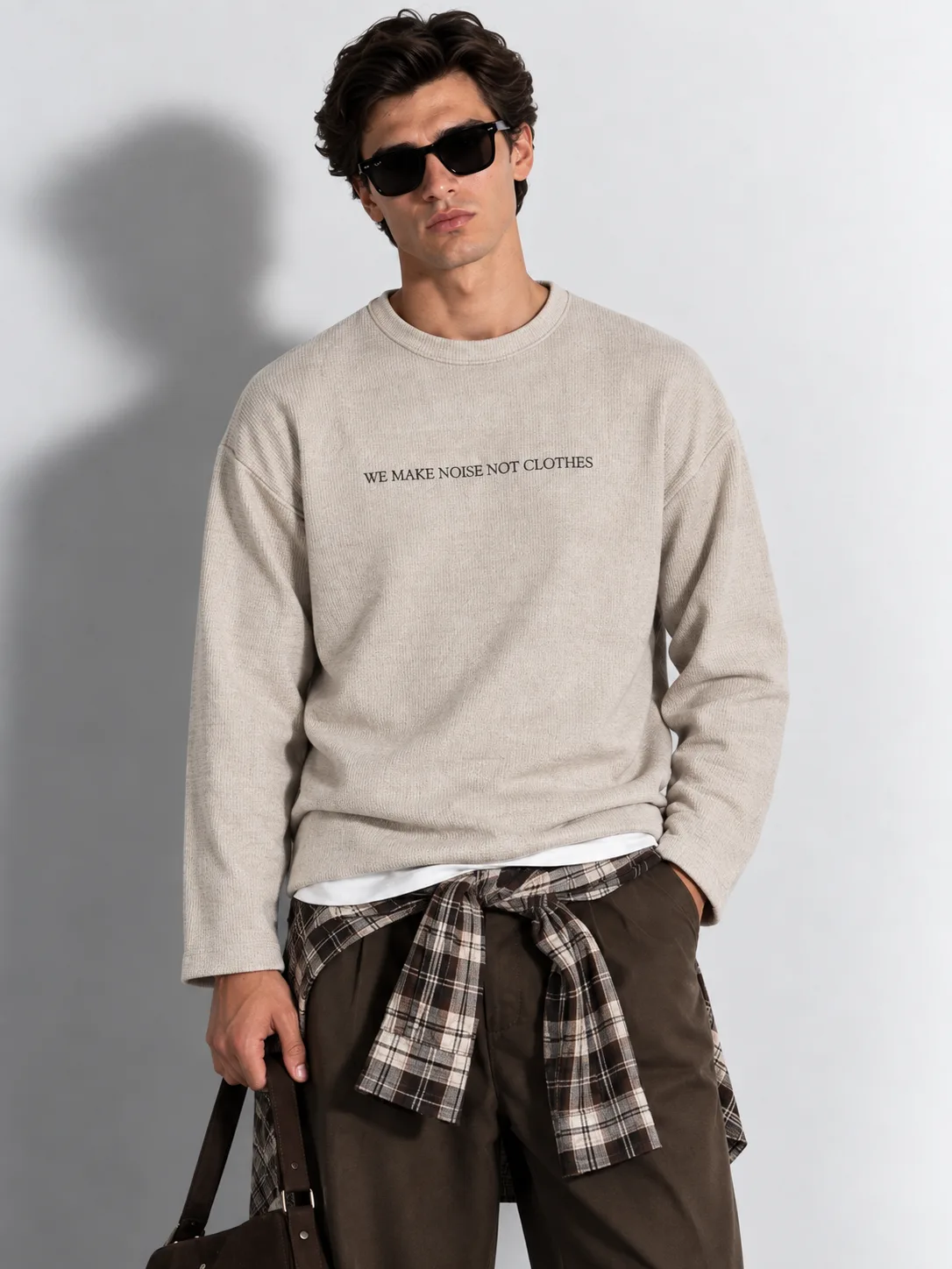Noise Slogan Knit Long Sleeve Sweater — worn, close-up