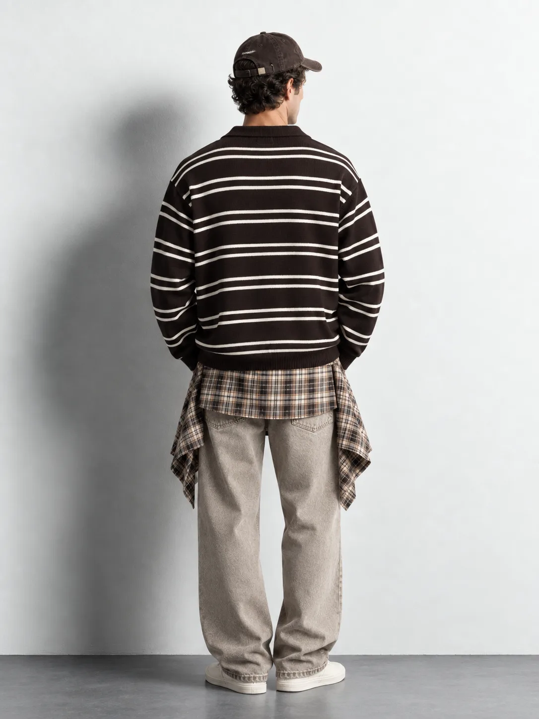 Striped Button Polo Knit Sweater — worn, back