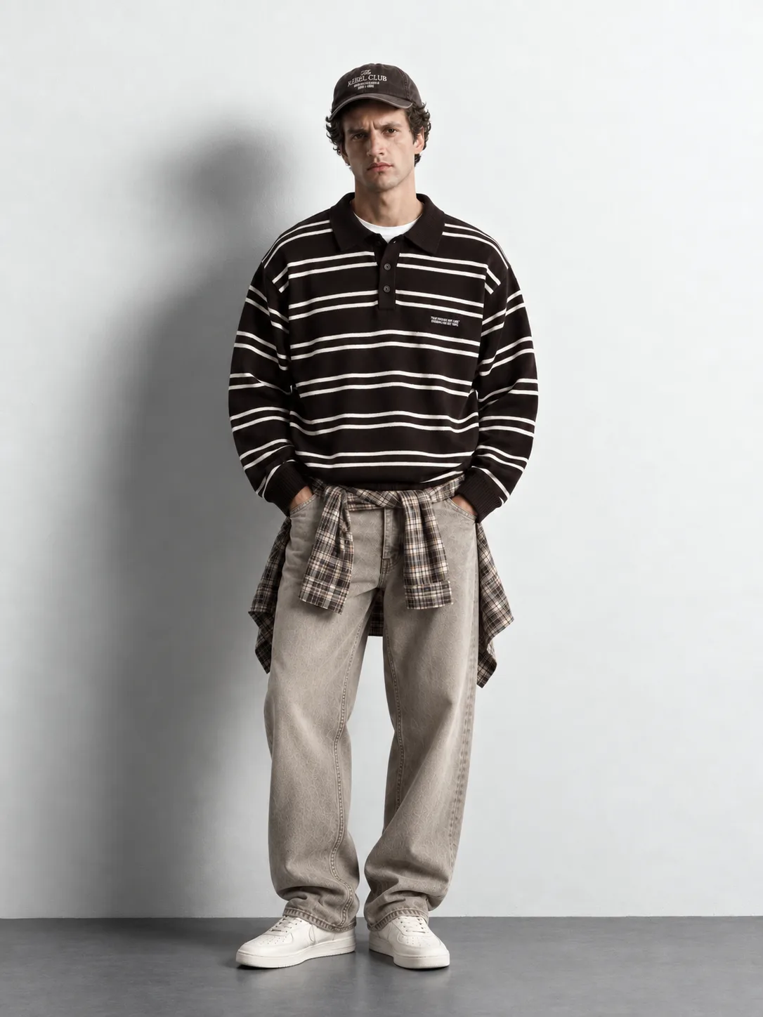 Striped Button Polo Knit Sweater — worn, front