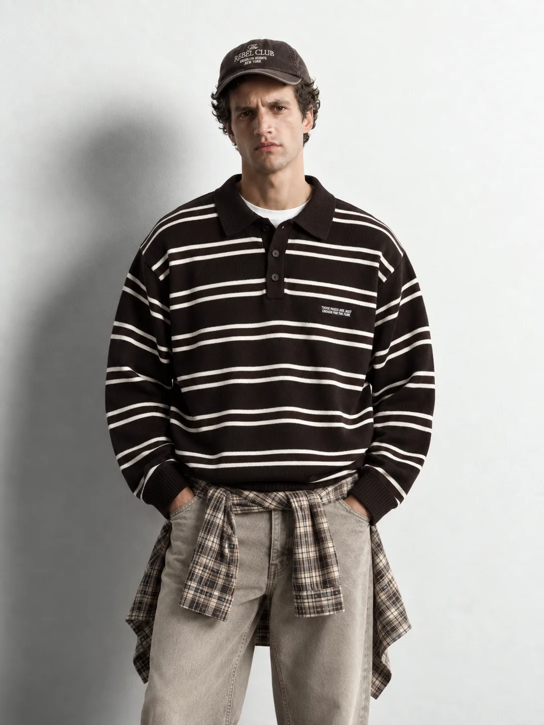 Striped Button Polo Knit Sweater — worn, close-up