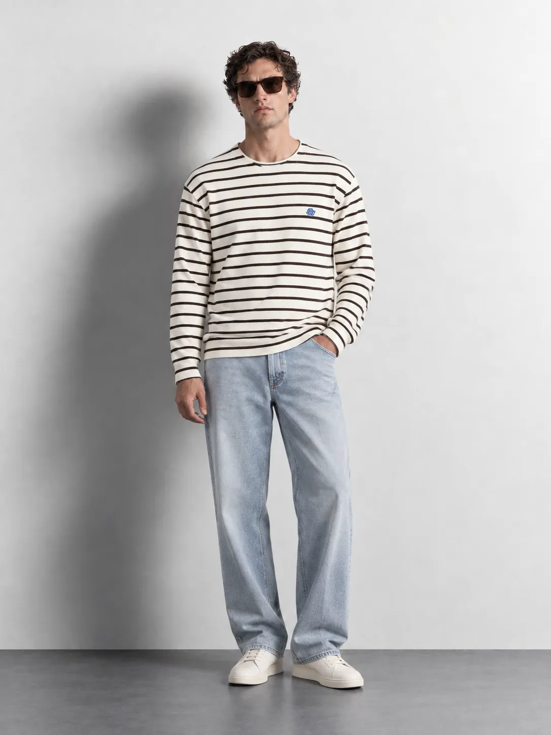 Striped Crewneck Knit Sweater — worn, front