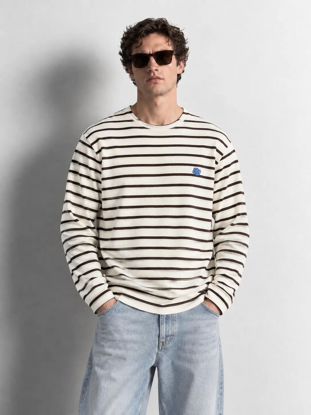Striped Crewneck Knit Sweater — worn, close-up