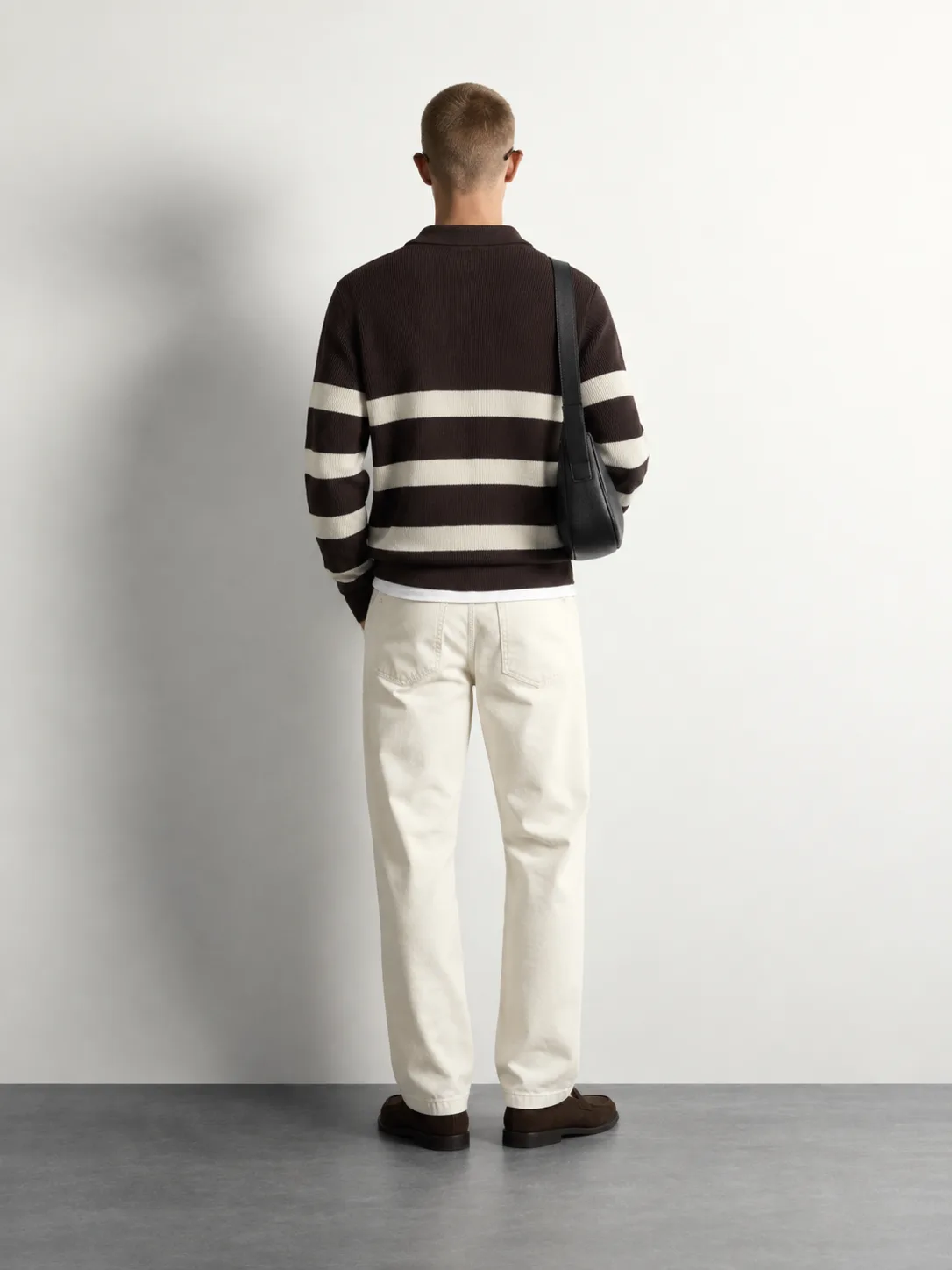 Striped Half-Zip Polo Sweater — worn, back