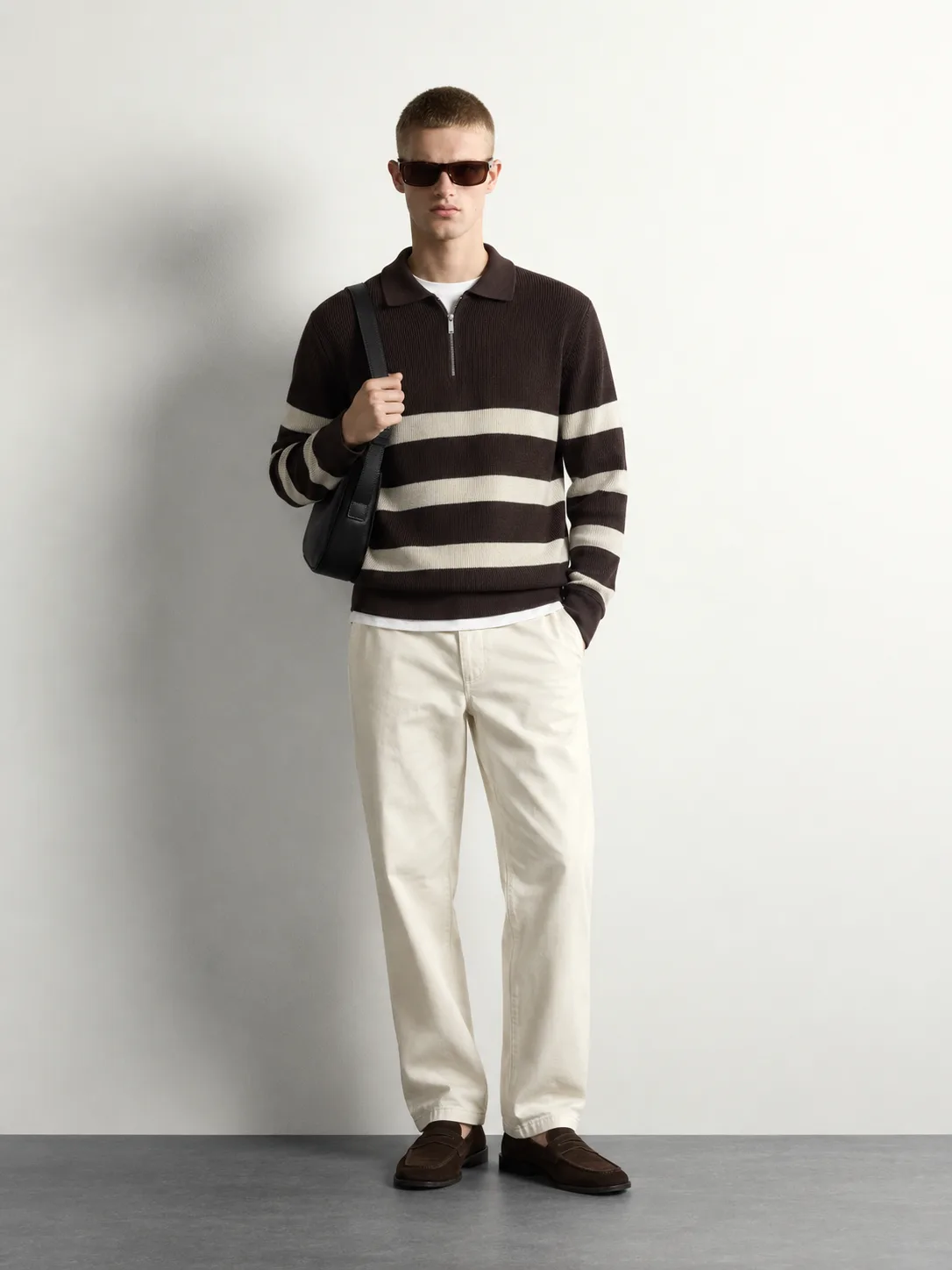 Striped Half-Zip Polo Sweater — worn, front