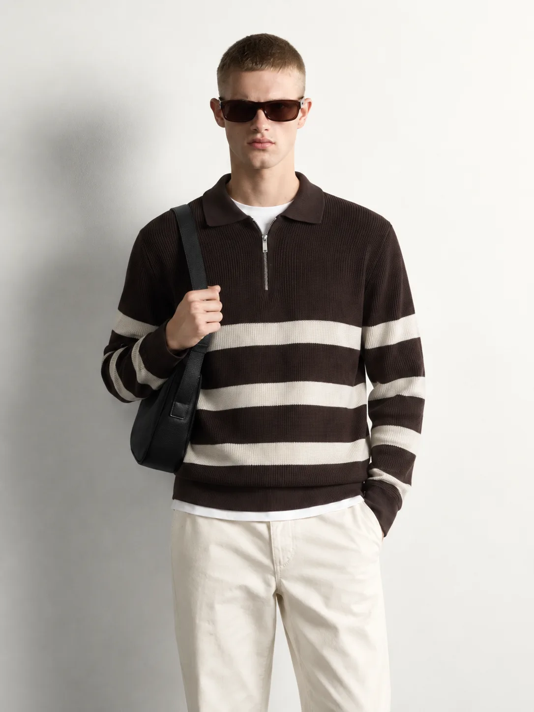 Striped Half-Zip Polo Sweater — worn, close-up