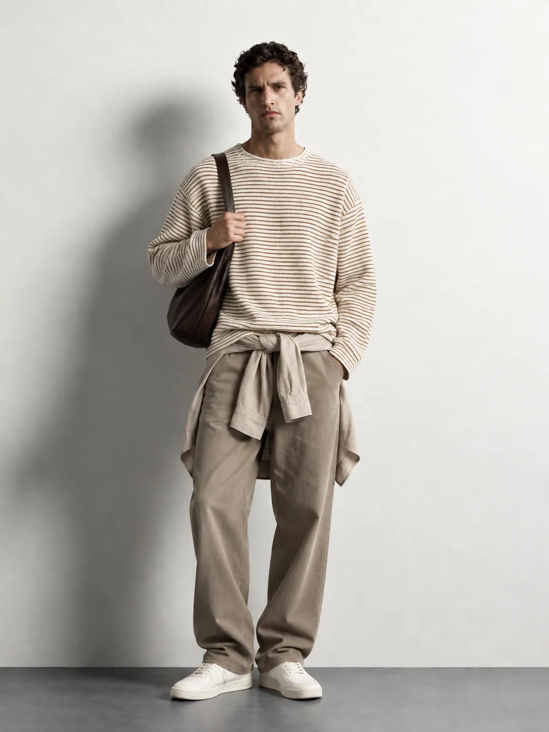 Textured Fine-stripe Knit Sweater — worn, front