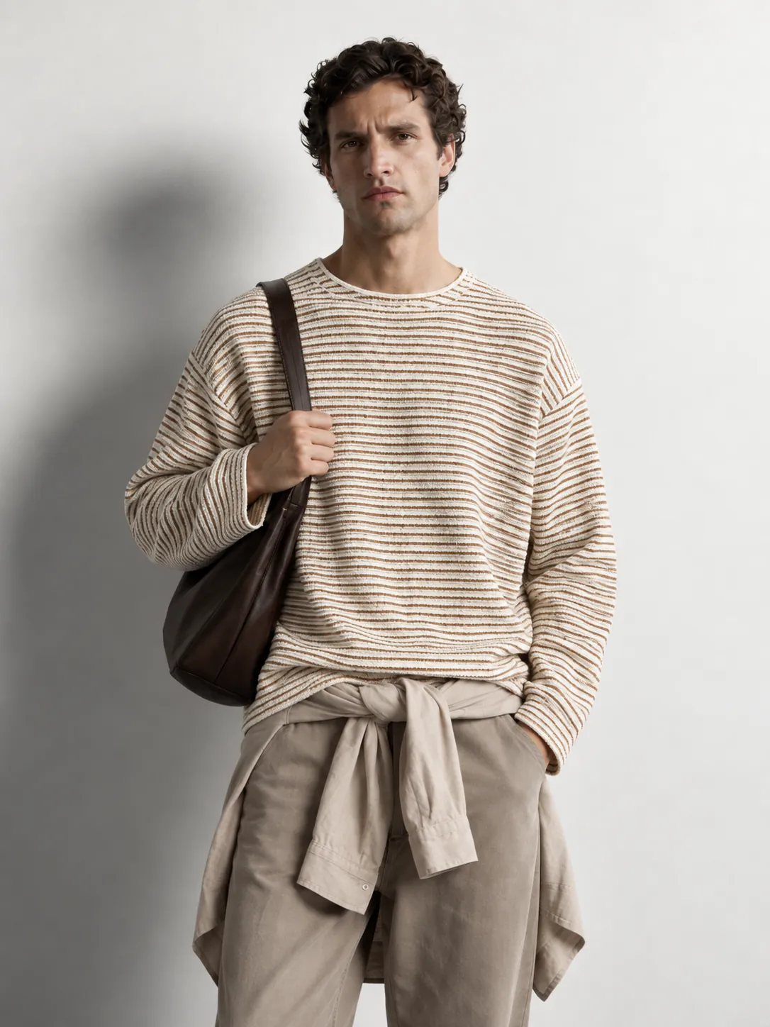 Textured Fine-stripe Knit Sweater — worn, close-up