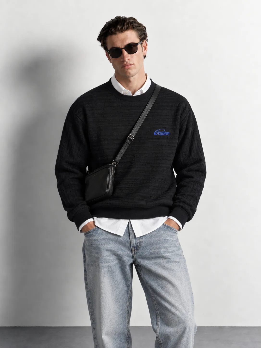 Textured Jacquard Crewneck Sweatshirt — worn, close-up