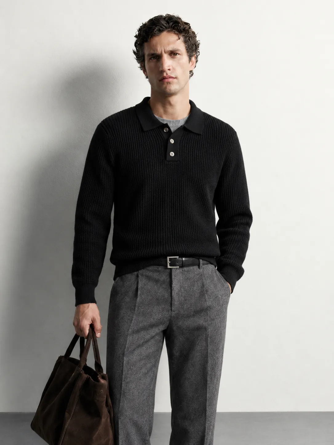Textured Knit Polo Sweater — front view