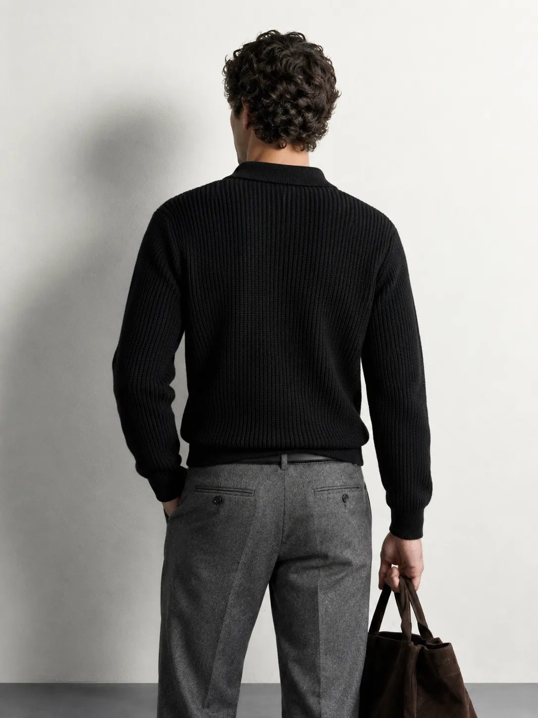 Textured Knit Polo Sweater — worn, back