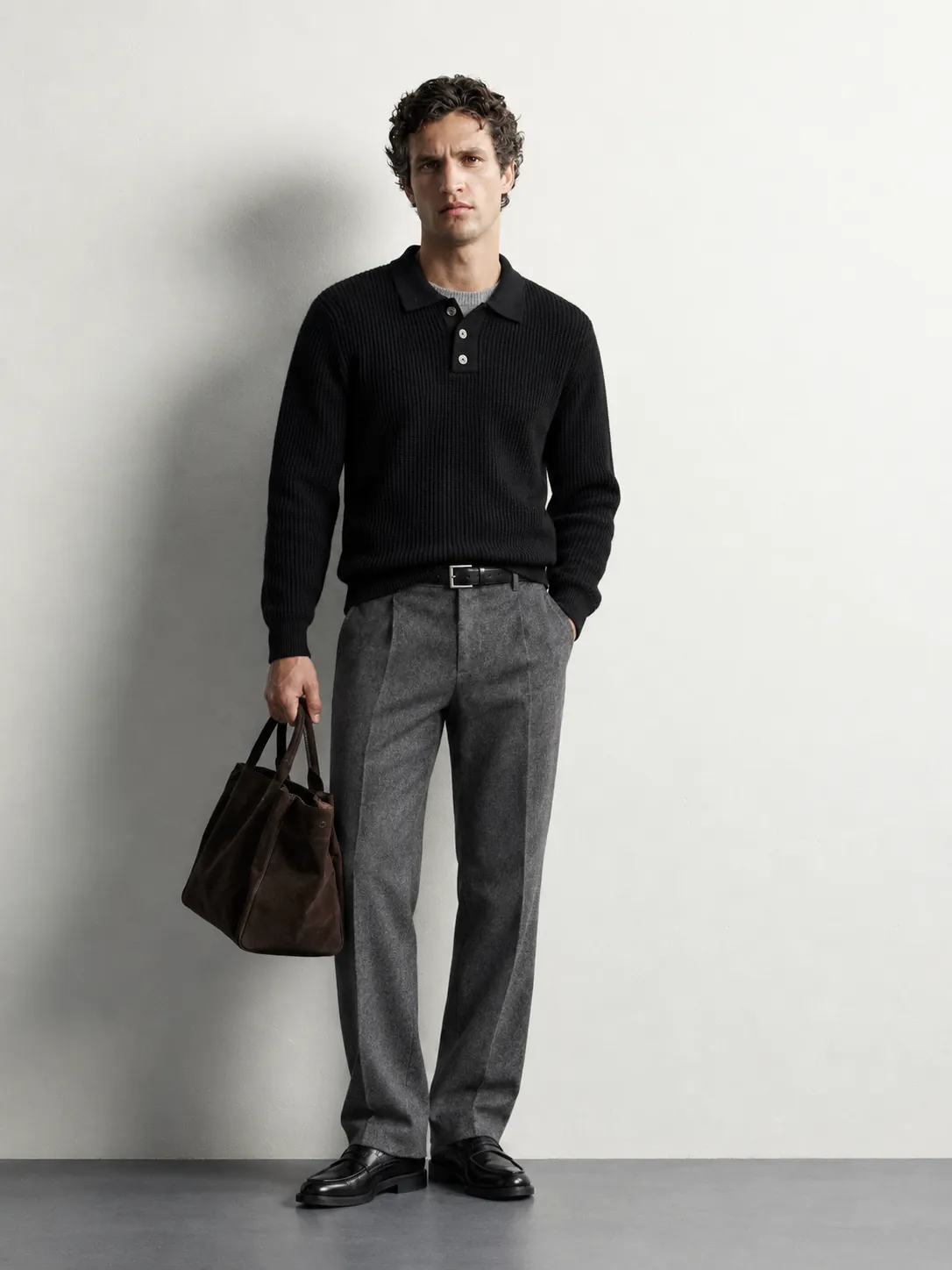 Textured Knit Polo Sweater — worn, front