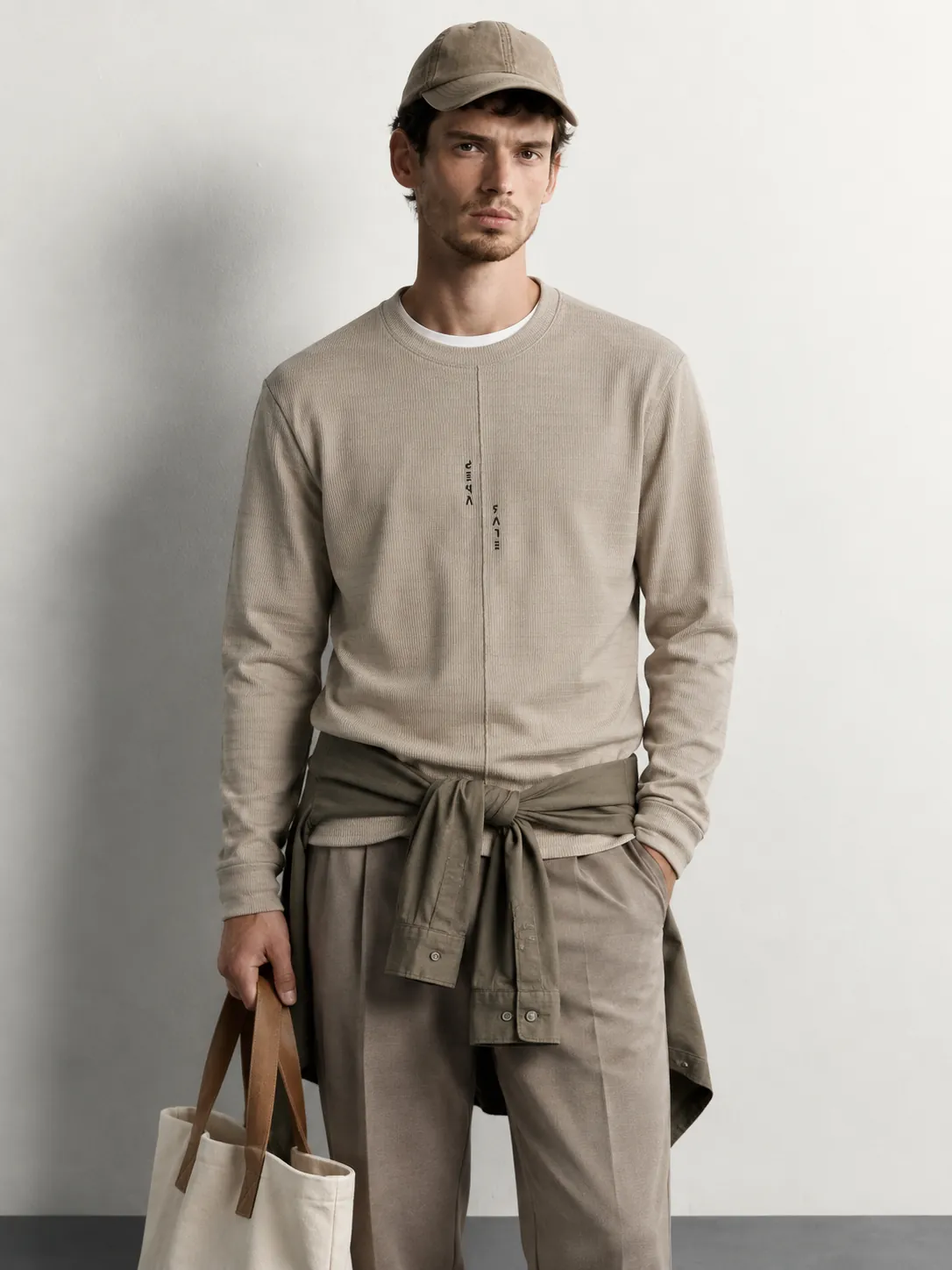 Textured Ribbed Crewneck Sweater — worn, close-up