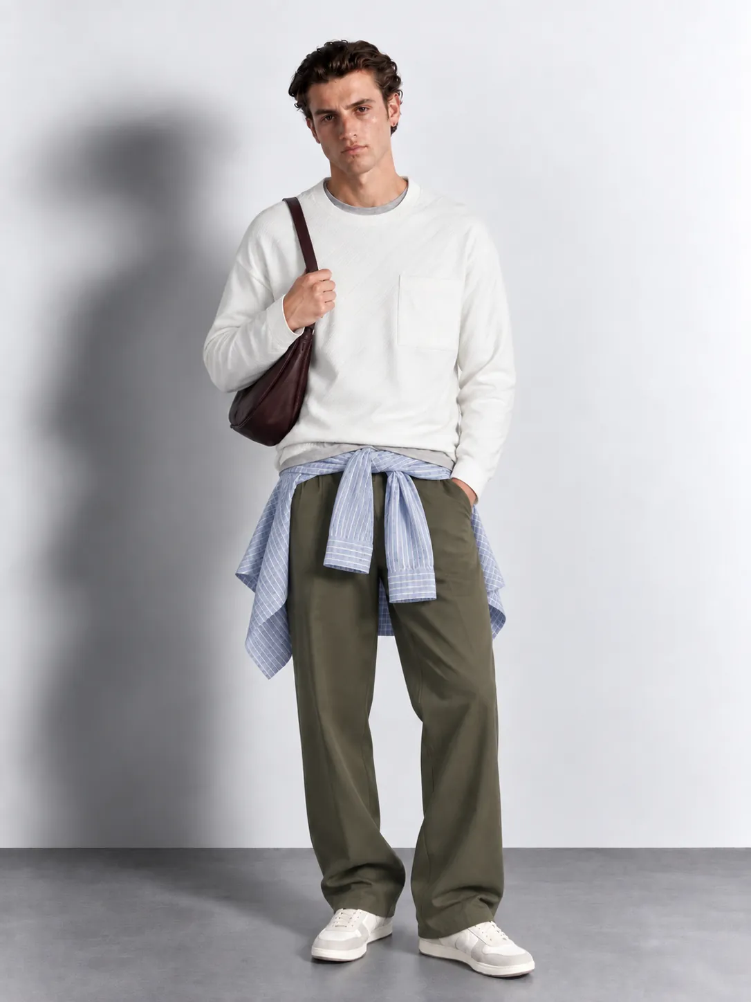 Textured Stripe Pocket Sweater — worn, front