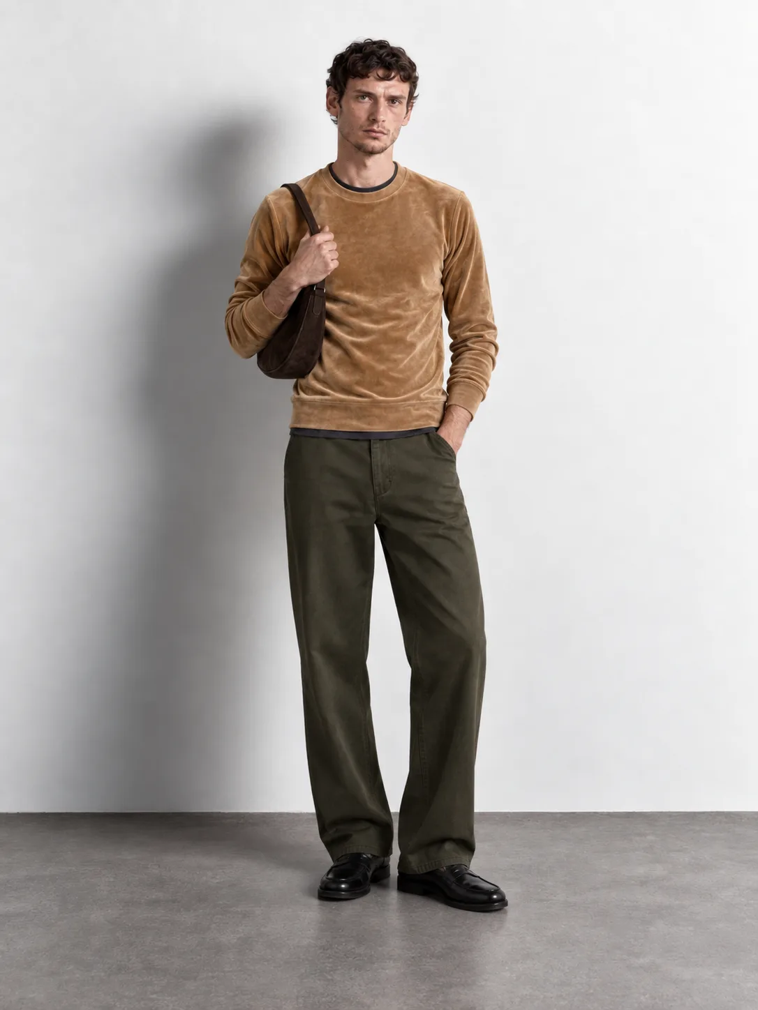 Velvet Ribbed Crewneck Sweatshirt — worn, front